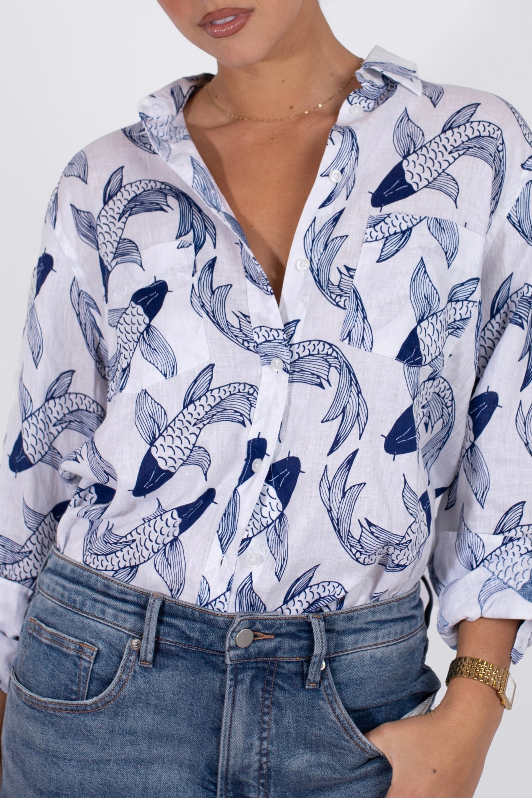 Koi Print Boyfriend Linen Shirt