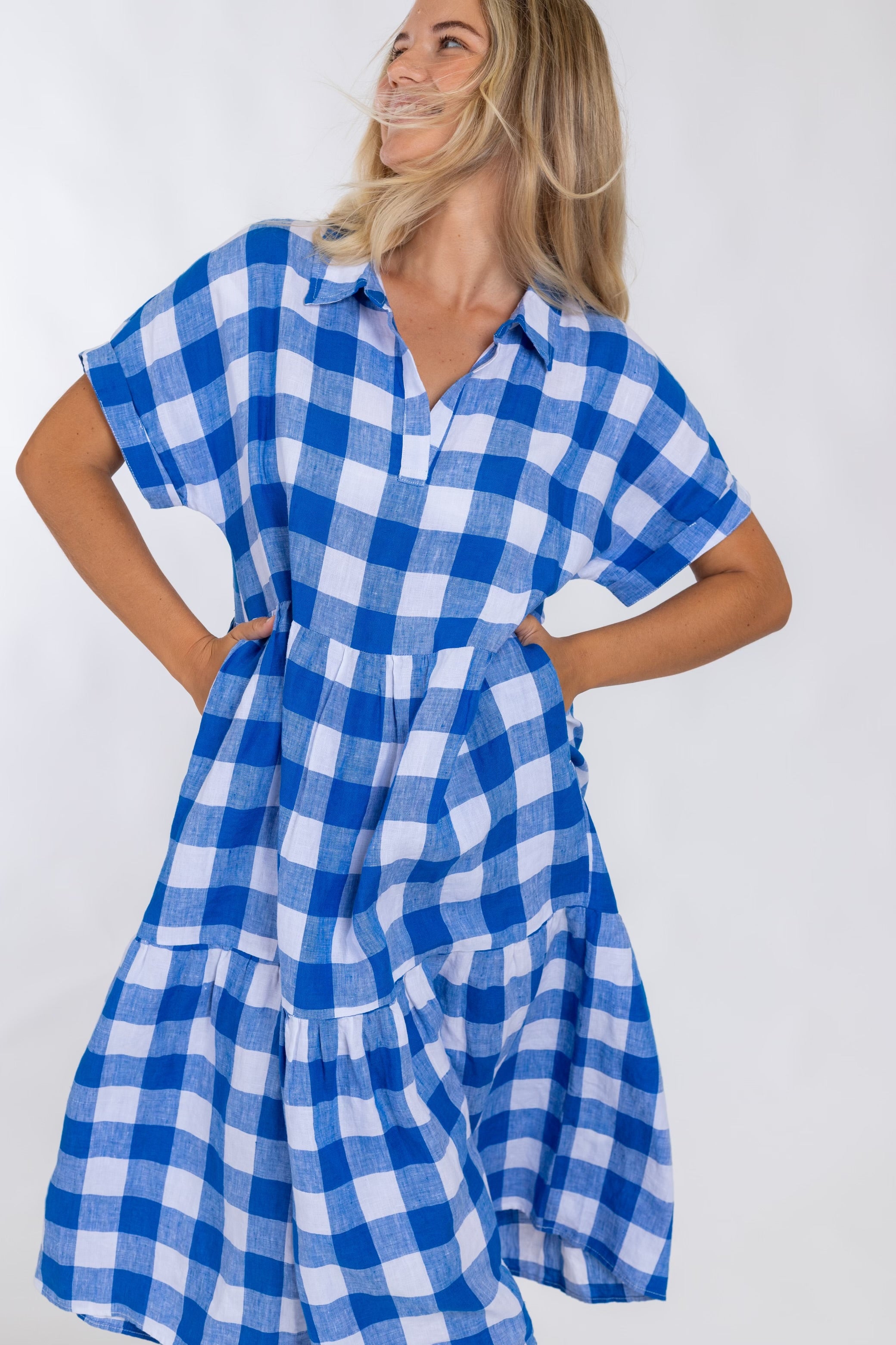Blue Gingham Tiered Dress HUT clothing Warehouse Sale Blue Gingham Tiered Dress HUT clothing Warehouse Sale