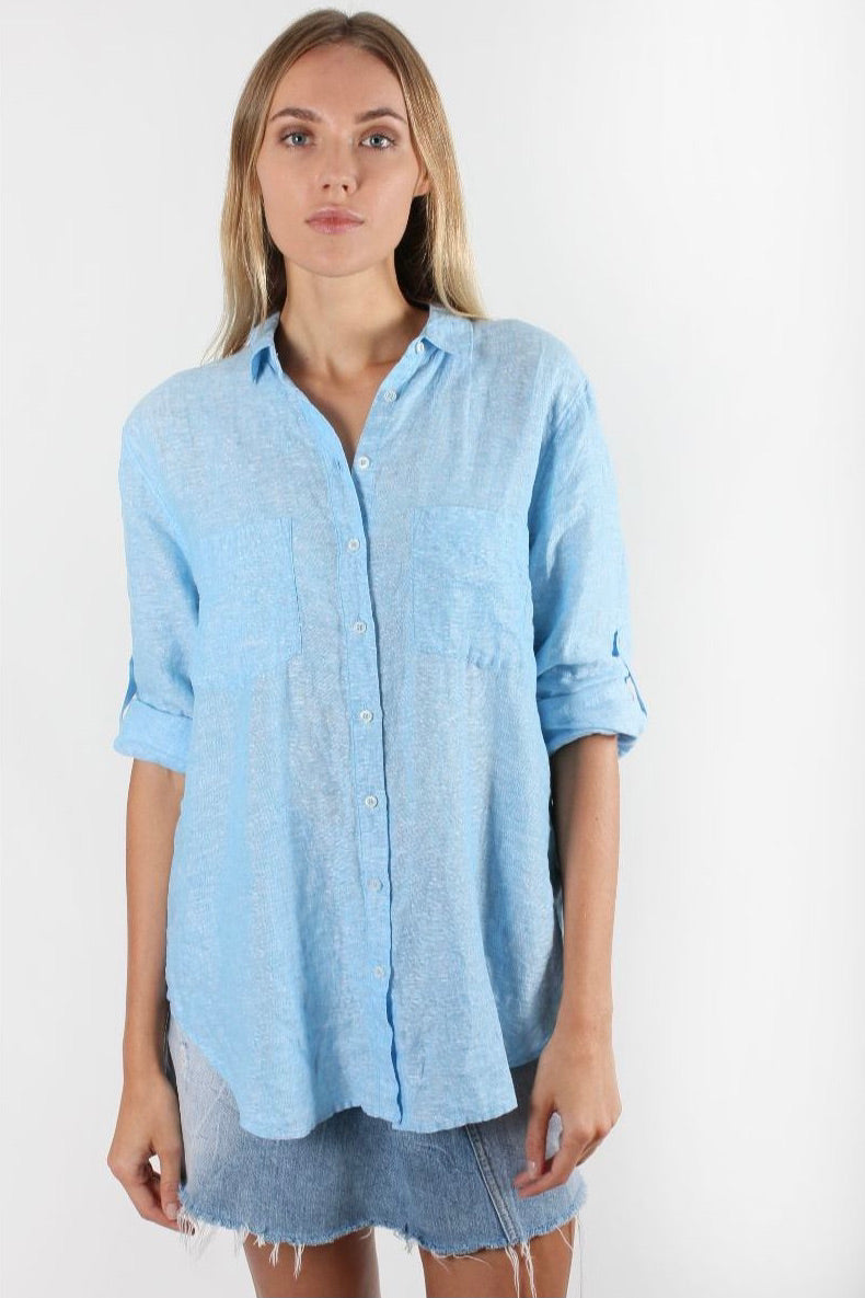 Aqua Blue Chambray Boyfriend linen Shirt