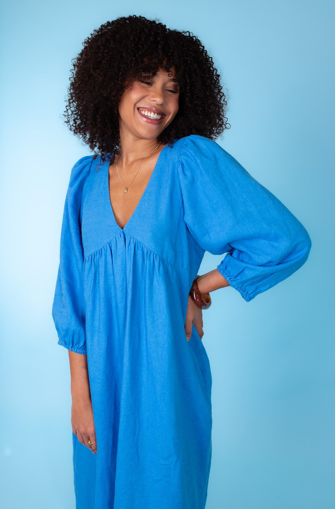 Ibiza Blue V Neck Linen Dress