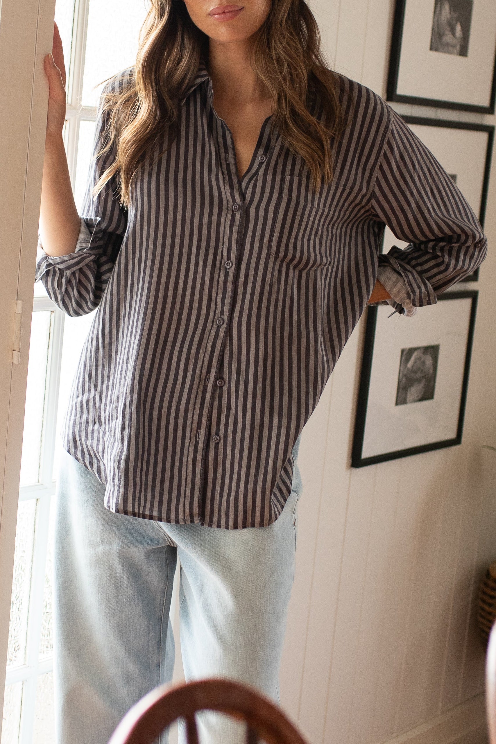 Grey and Grey Stripe Boyfriend Linen Shirt