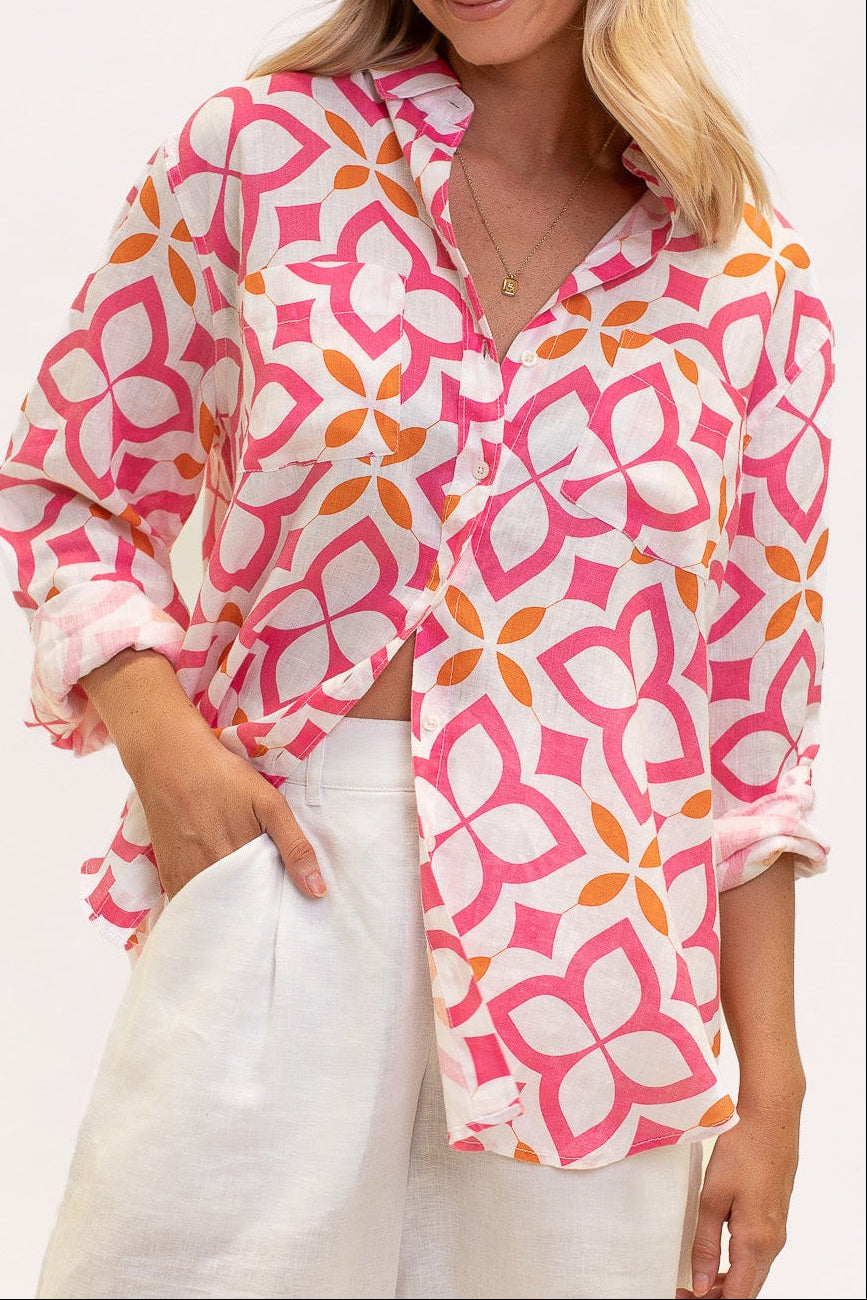 Moroccan Tile Boyfriend Linen Shirt