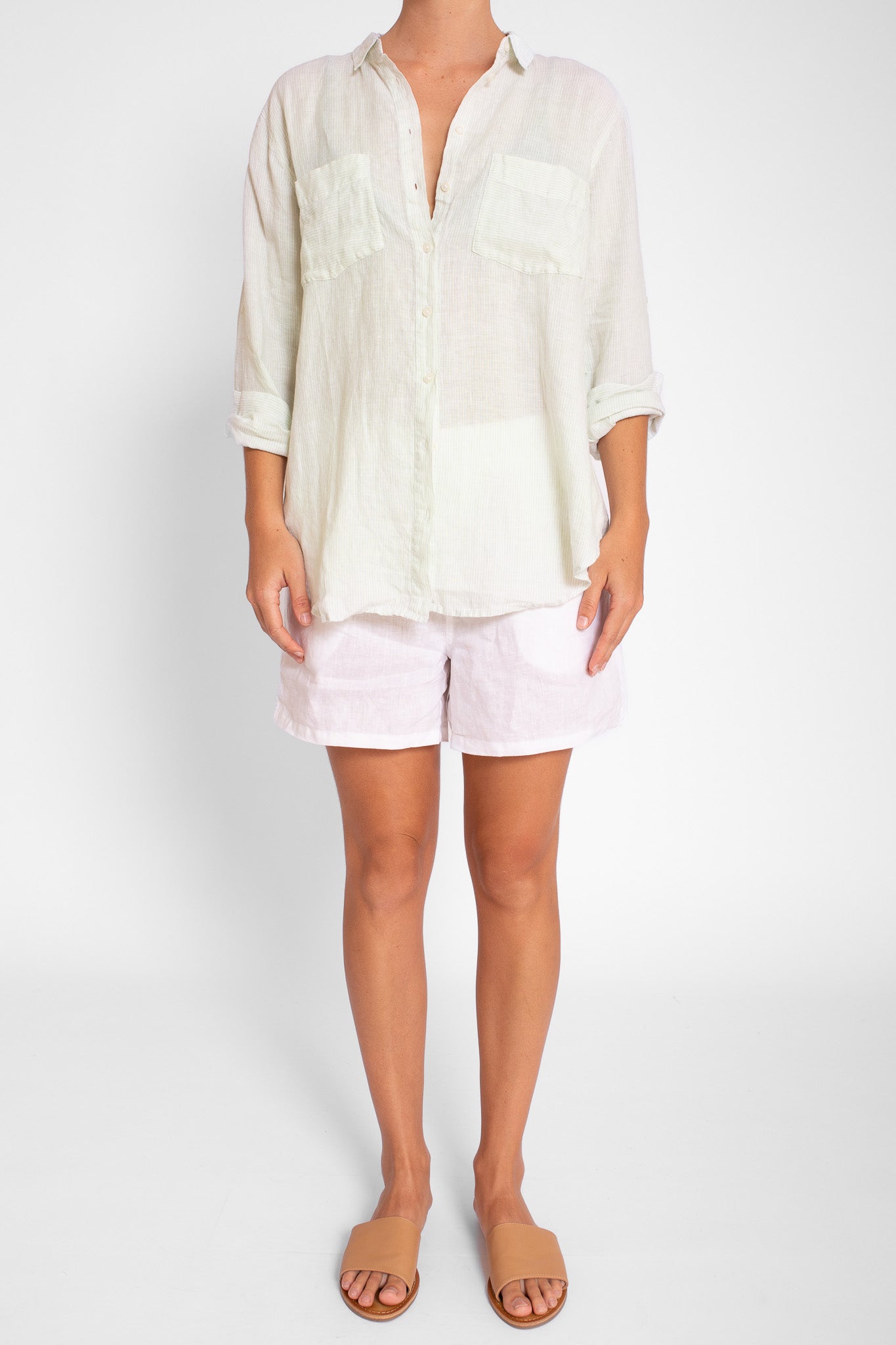 Pistachio Micro Stripe Boyfriend Linen Shirt