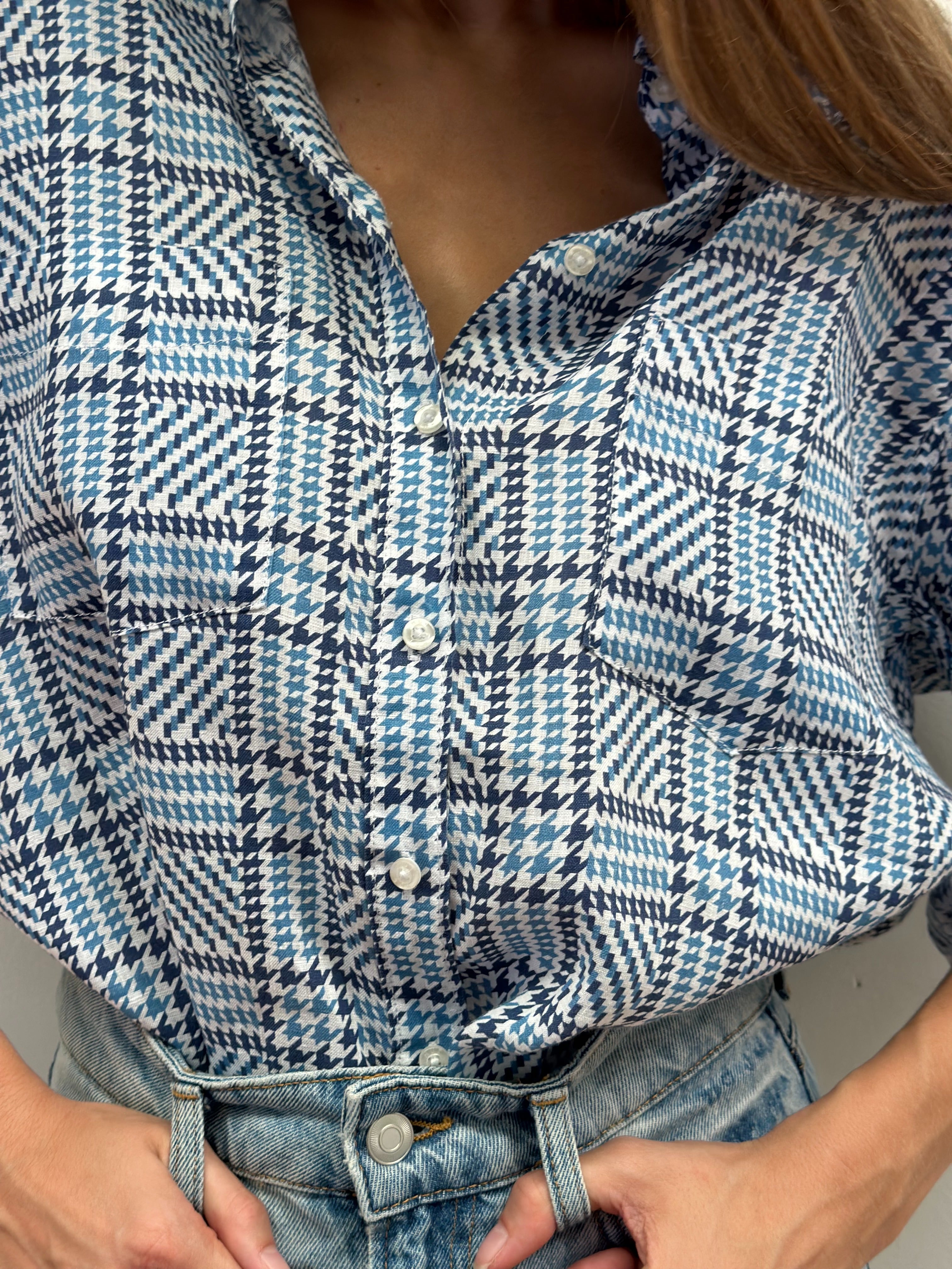 Blue Tweed Boyfriend Linen Shirt