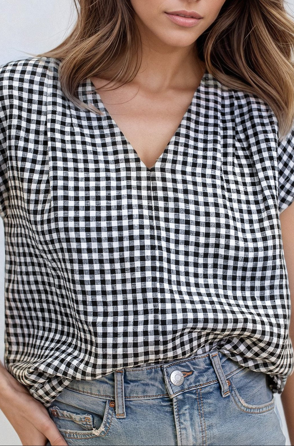 V Neck Black and White Gingham Linen Top