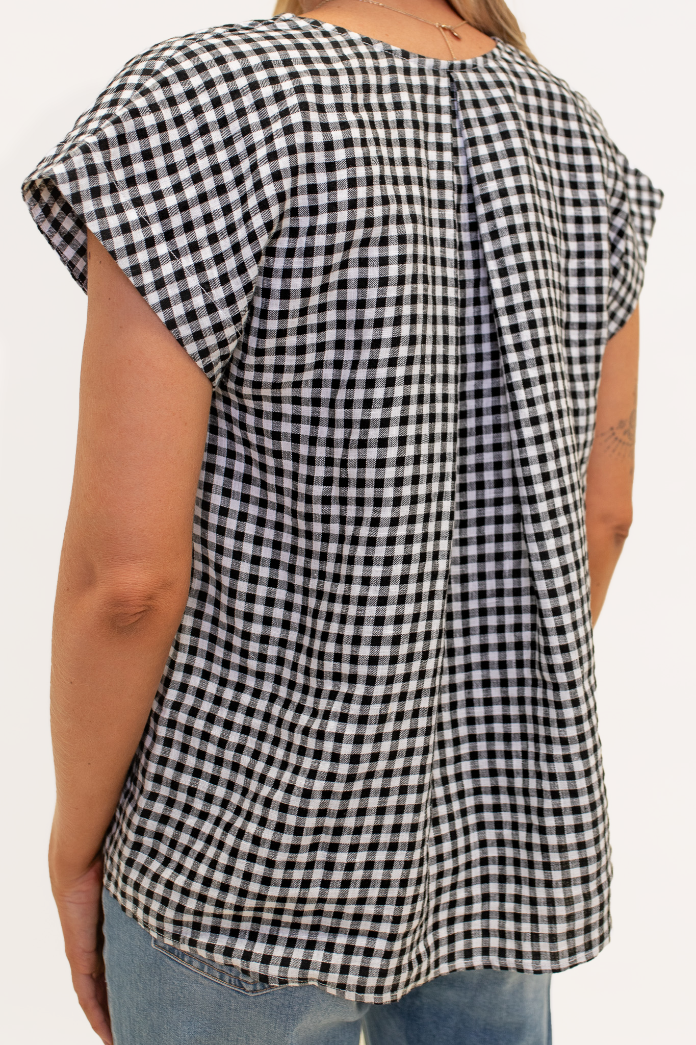 V Neck Black and White Gingham Linen Top
