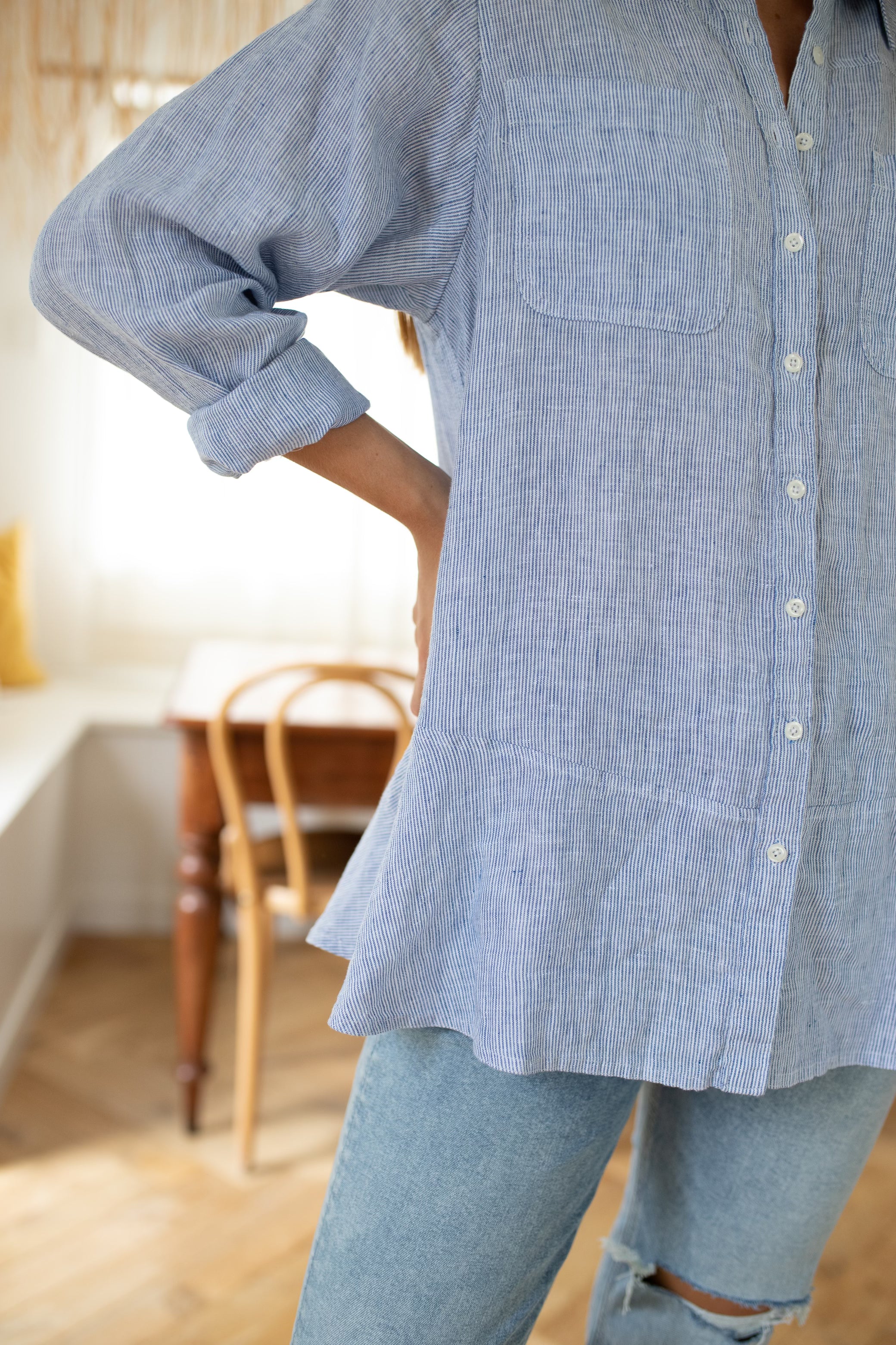 Blue Micro Stripe Peplum Linen Shirt