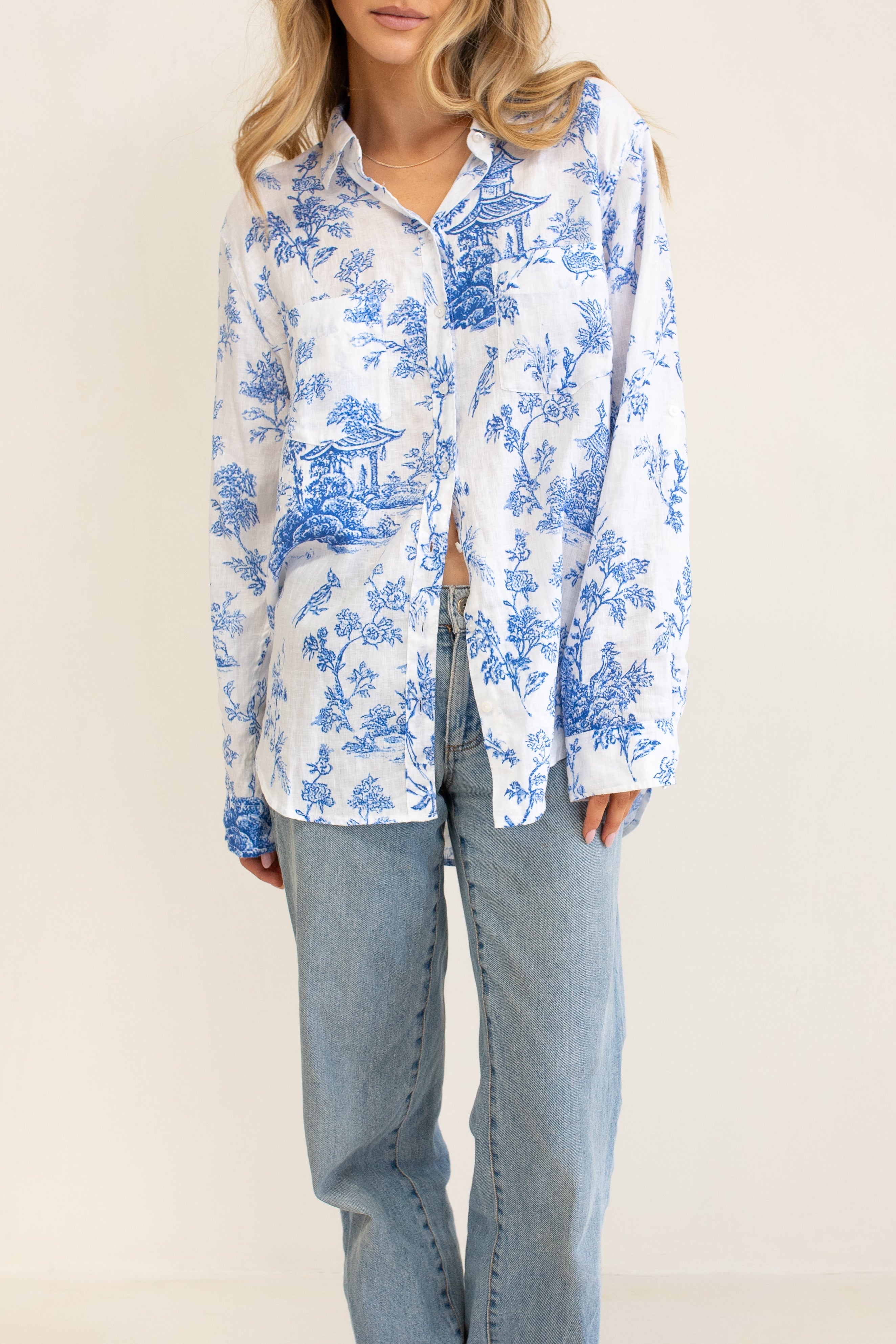 Chinoiserie Boyfriend Linen Shirt