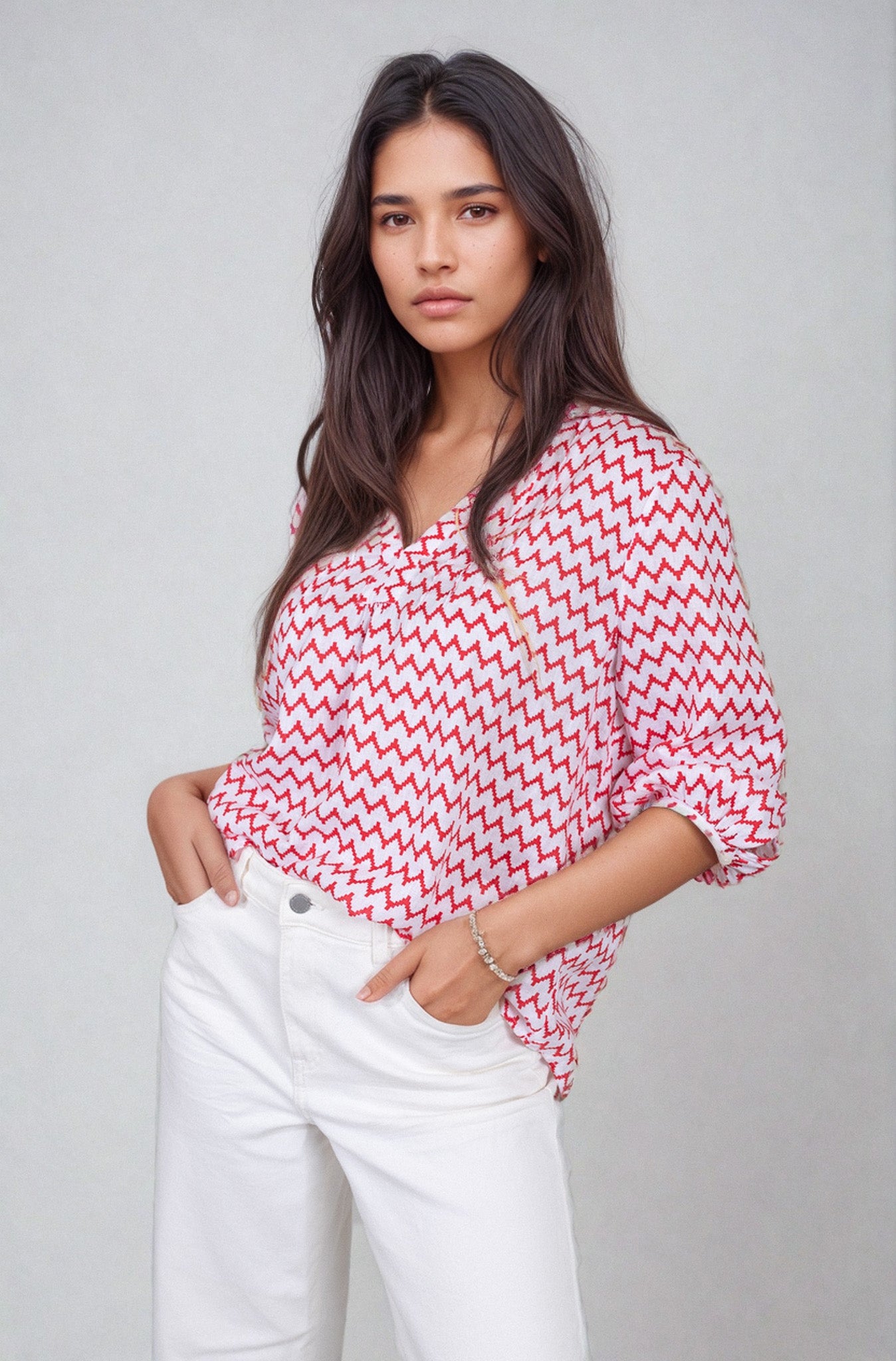 Red and White Chevron Roberta Pintuck Top