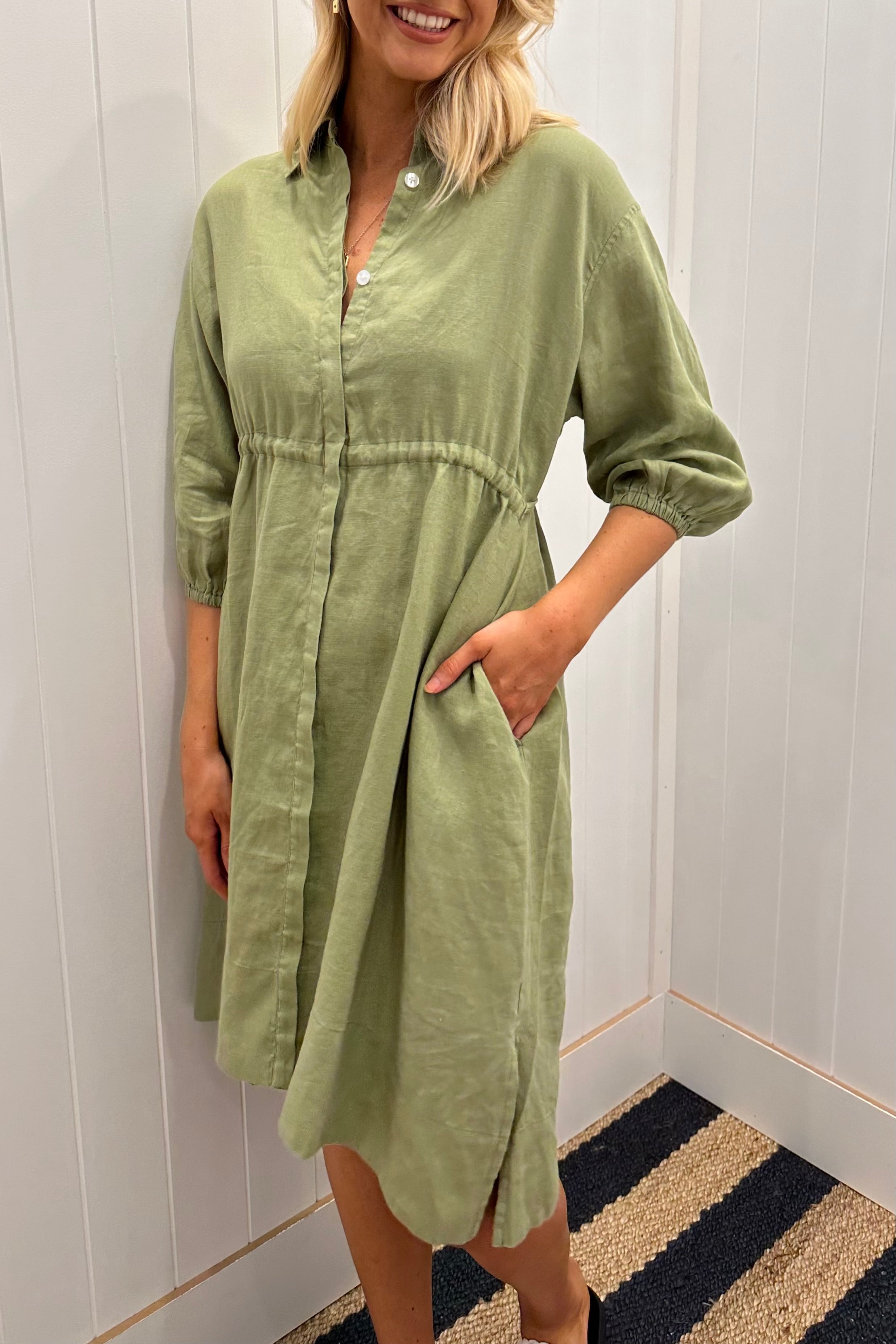 Sage Linen Drawstring Midi Dress
