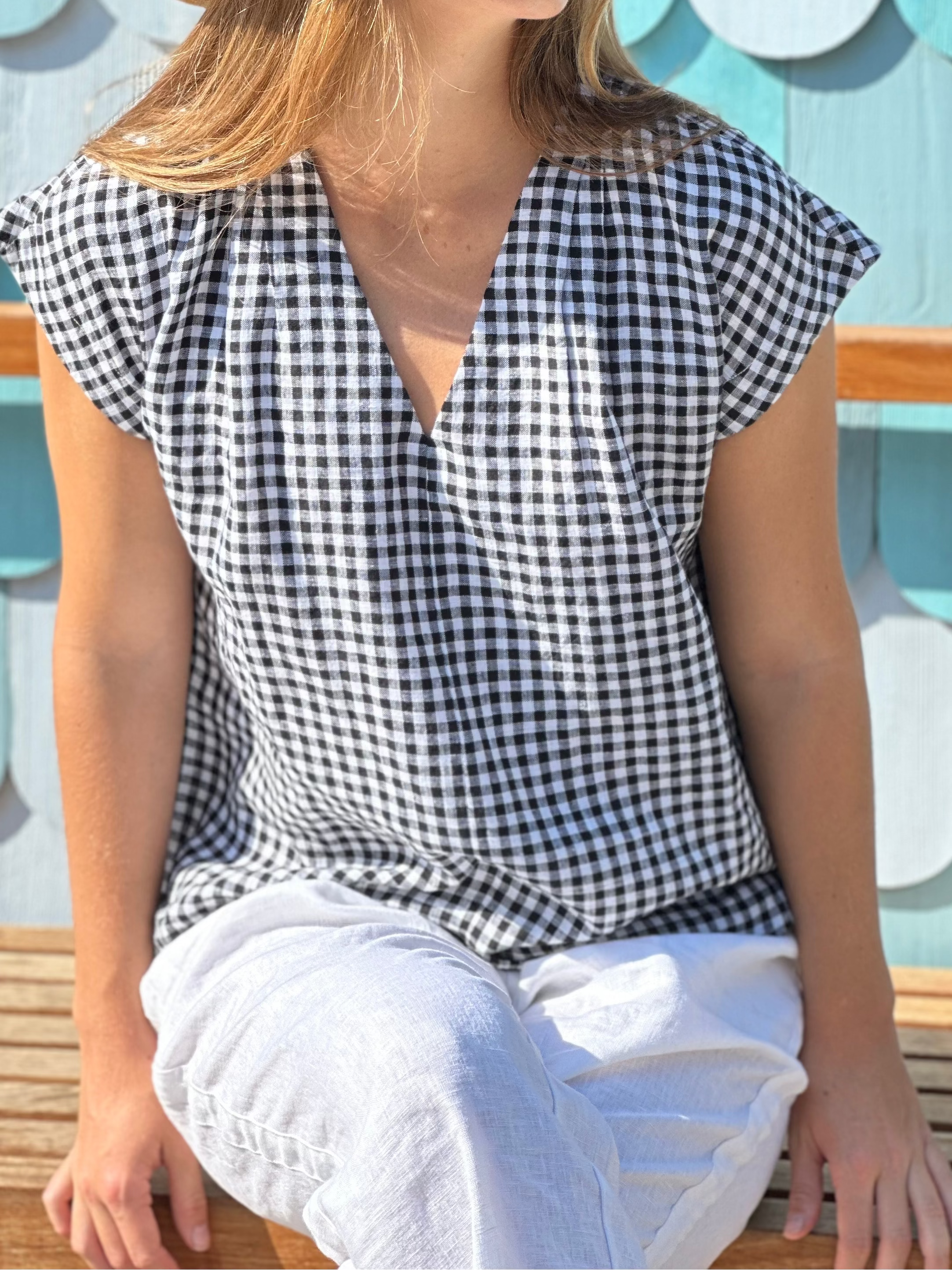 V Neck Black and White Gingham Linen Top