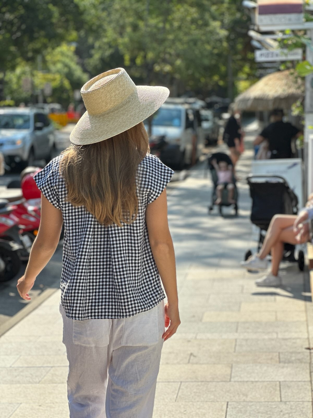 V Neck Black and White Gingham Linen Top