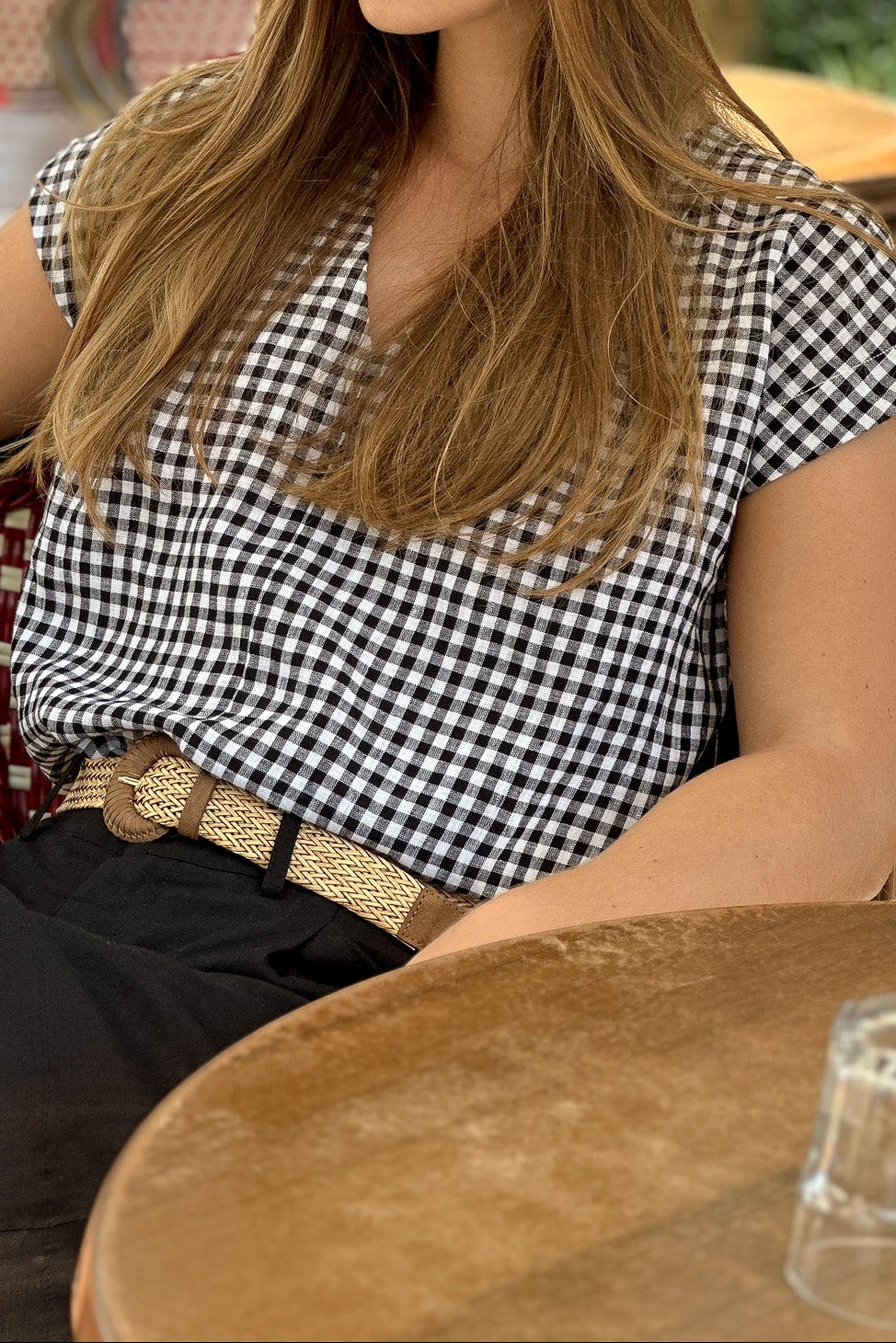 V Neck Black and White Gingham Linen Top