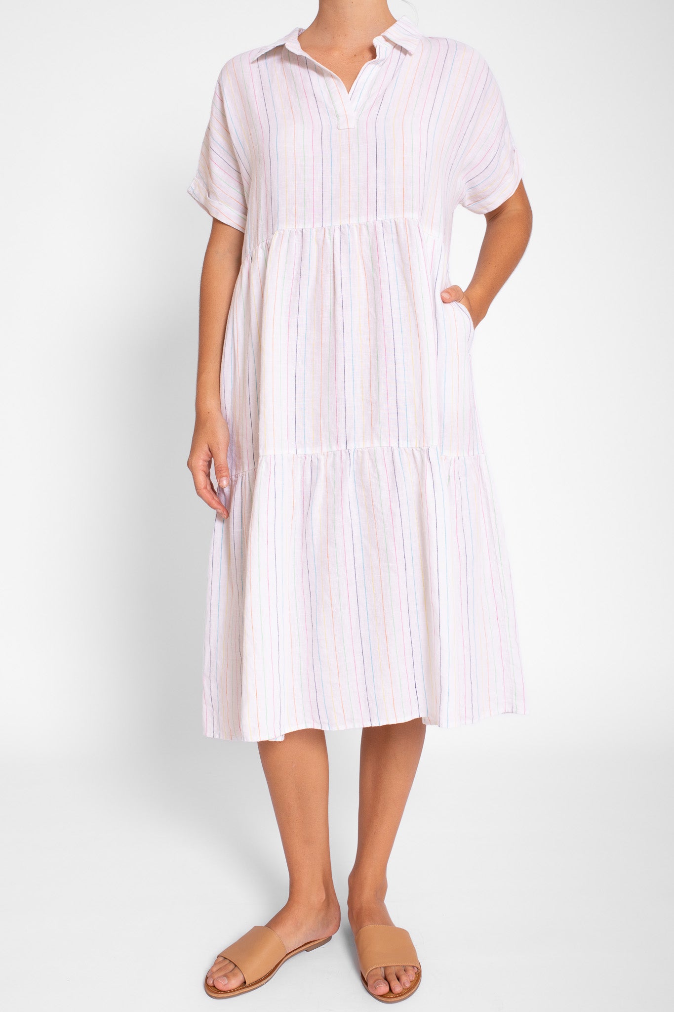Rainbow Pinstripe Linen Midi Dress with Collar HUT clothing Warehouse Sale Rainbow Pinstripe Linen Midi Dress with Collar HUT clothing Warehouse Sale