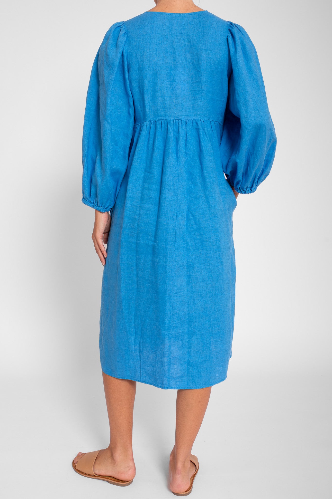 Ibiza Blue V Neck Linen Dress