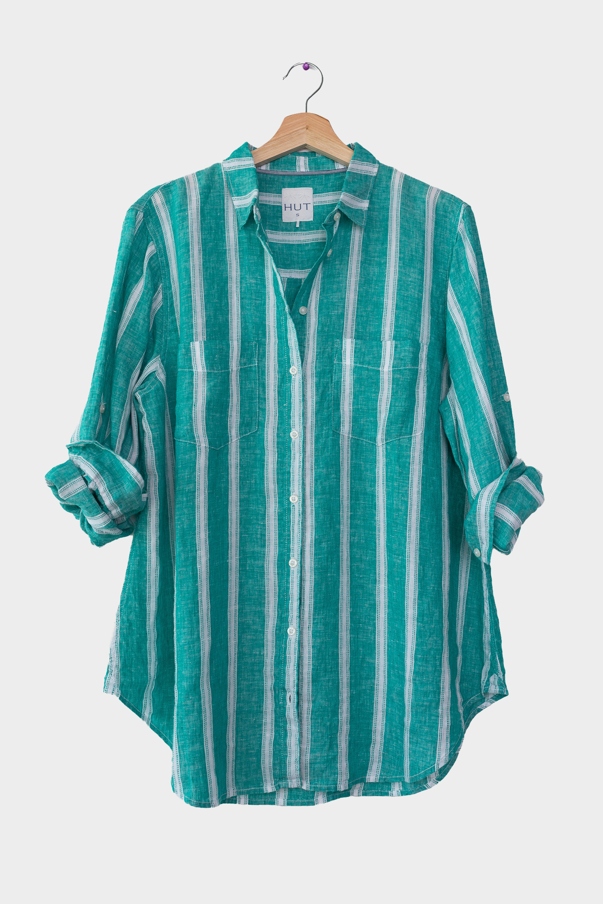 Jade Ticking Stripe Boyfriend Linen Shirt