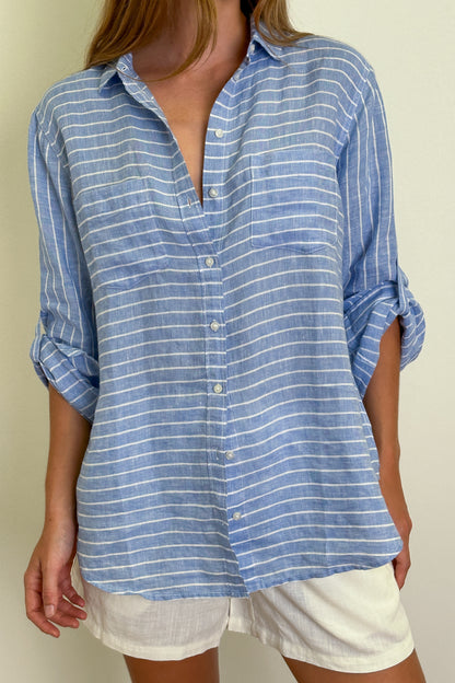 Periwinkle Horizontal Stripe Boyfriend Linen Shirt