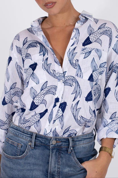 Koi Print Boyfriend Linen Shirt
