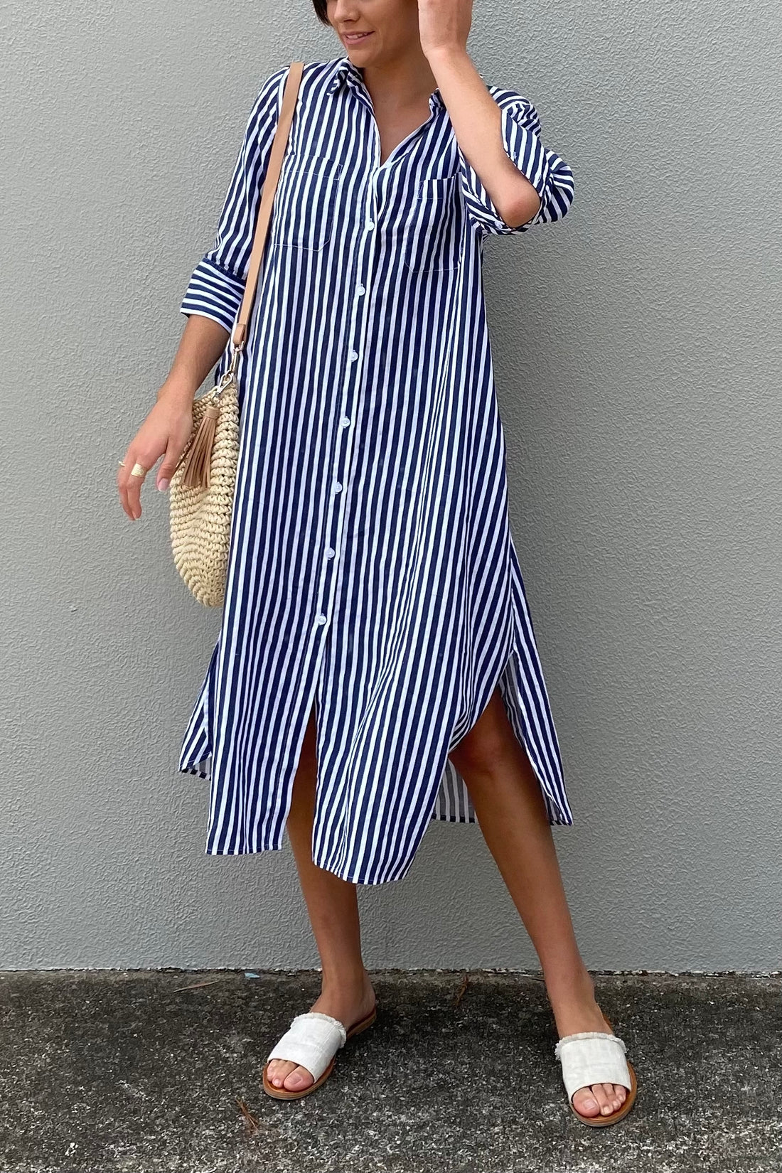 Navy &amp; White Striped Shirtdress
