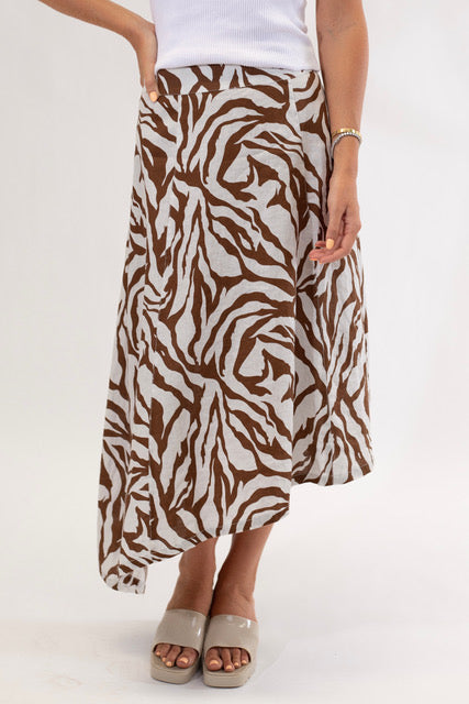 Cocoa and Stone Zebra Print Asymmetrical Skirt