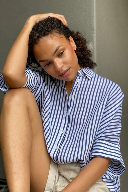 Navy White Stripe Boxy Linen Shirt