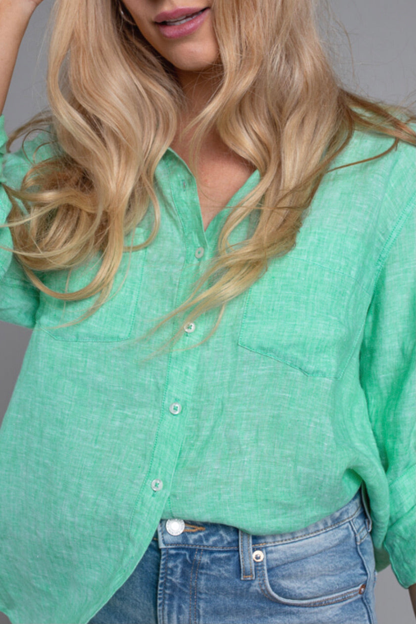Soft Green Chambray Boyfriend Linen Shirt