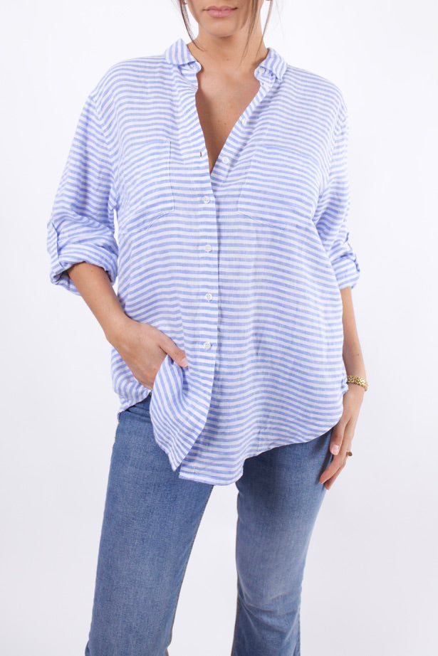 Horizontal Blue &amp; White Boyfriend Linen Shirt