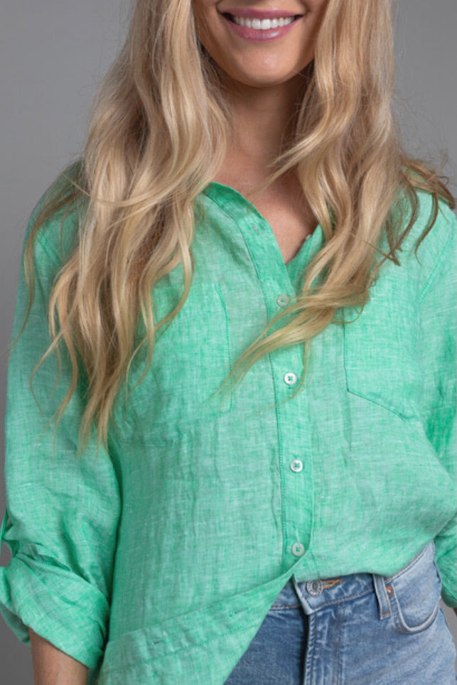 Soft Green Chambray Boyfriend Linen Shirt