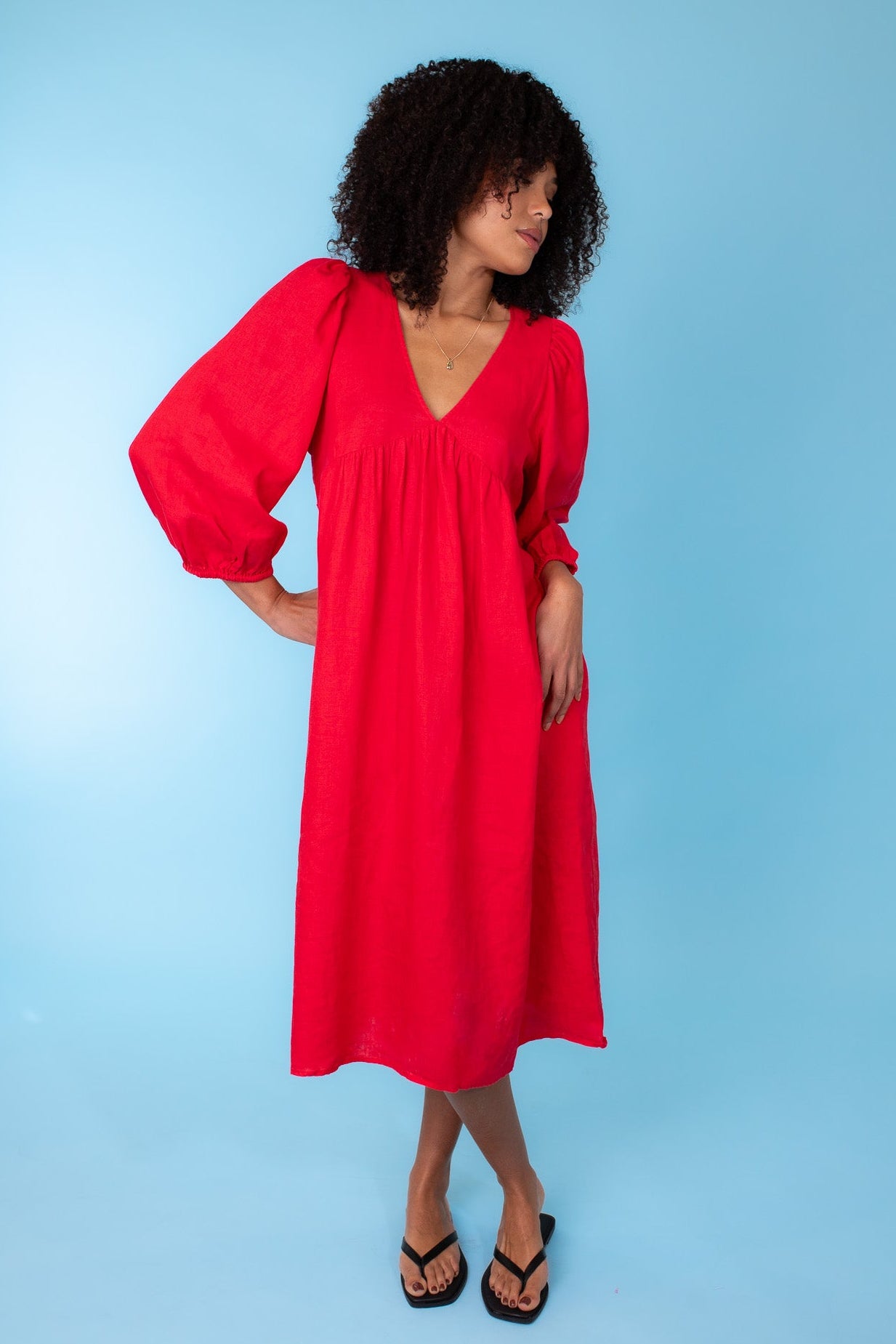 Poppy Red V Neck Linen Dress