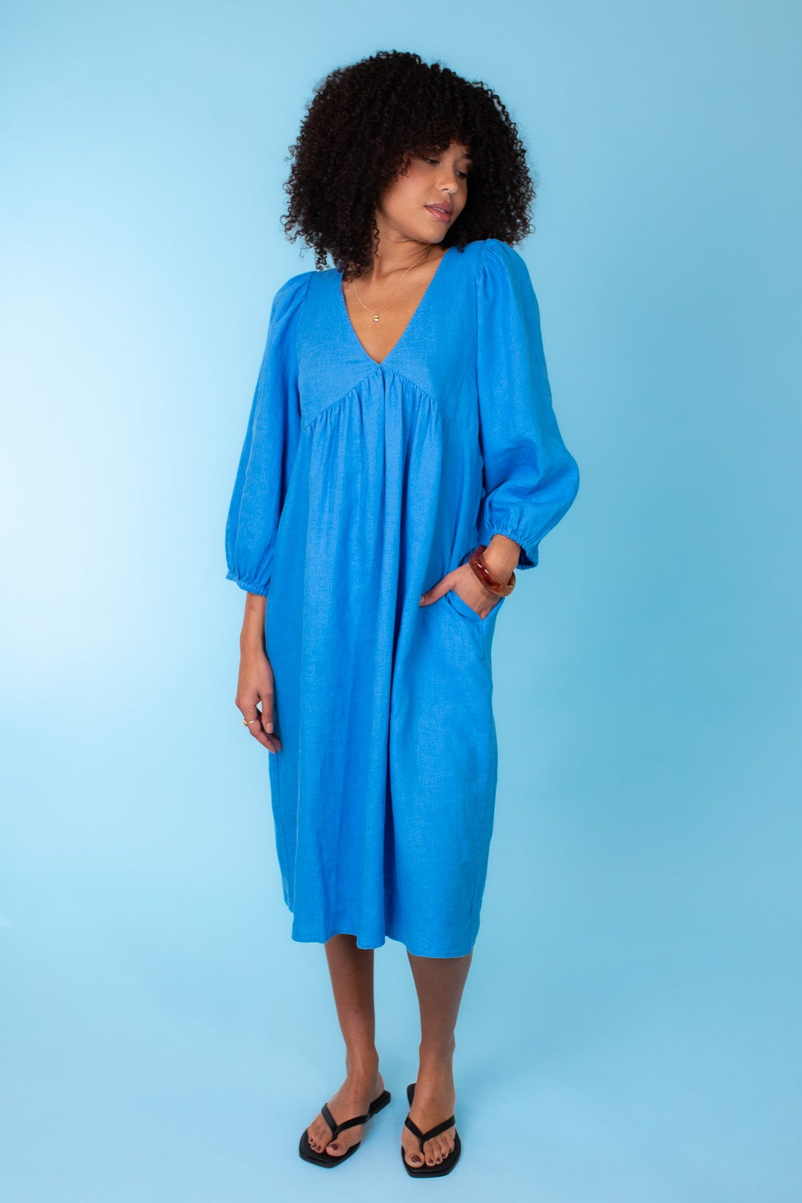 Ibiza Blue V Neck Linen Dress