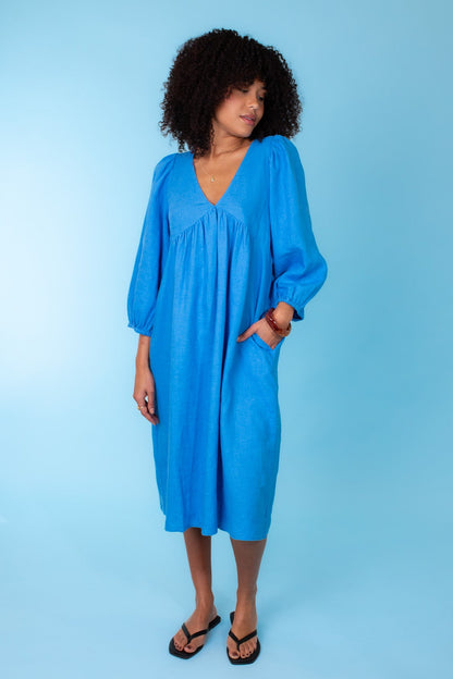 Ibiza Blue V Neck Linen Dress