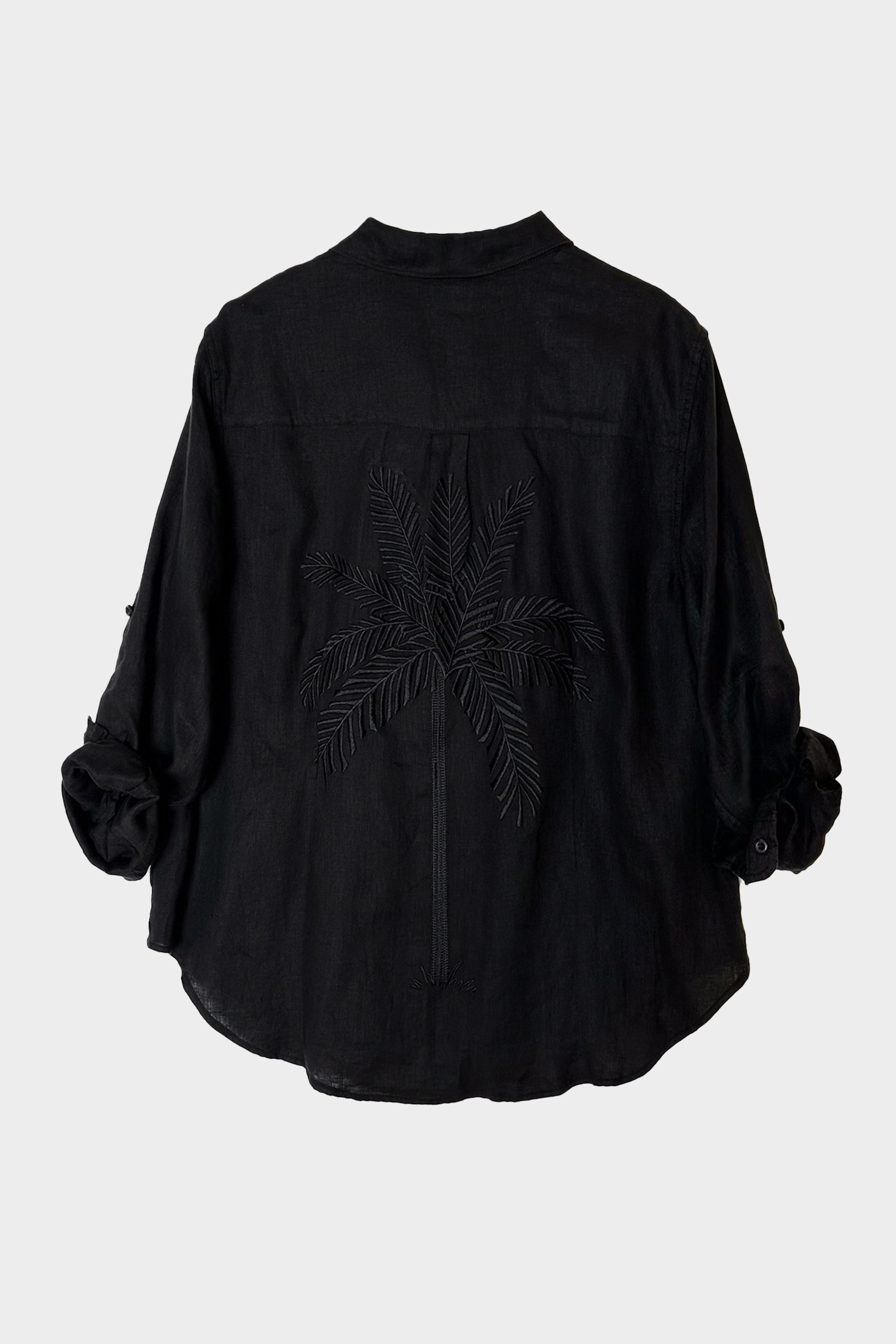 Black Embroidered Palm Boyfriend Linen Shirt
