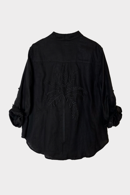 Black Embroidered Palm Boyfriend Linen Shirt