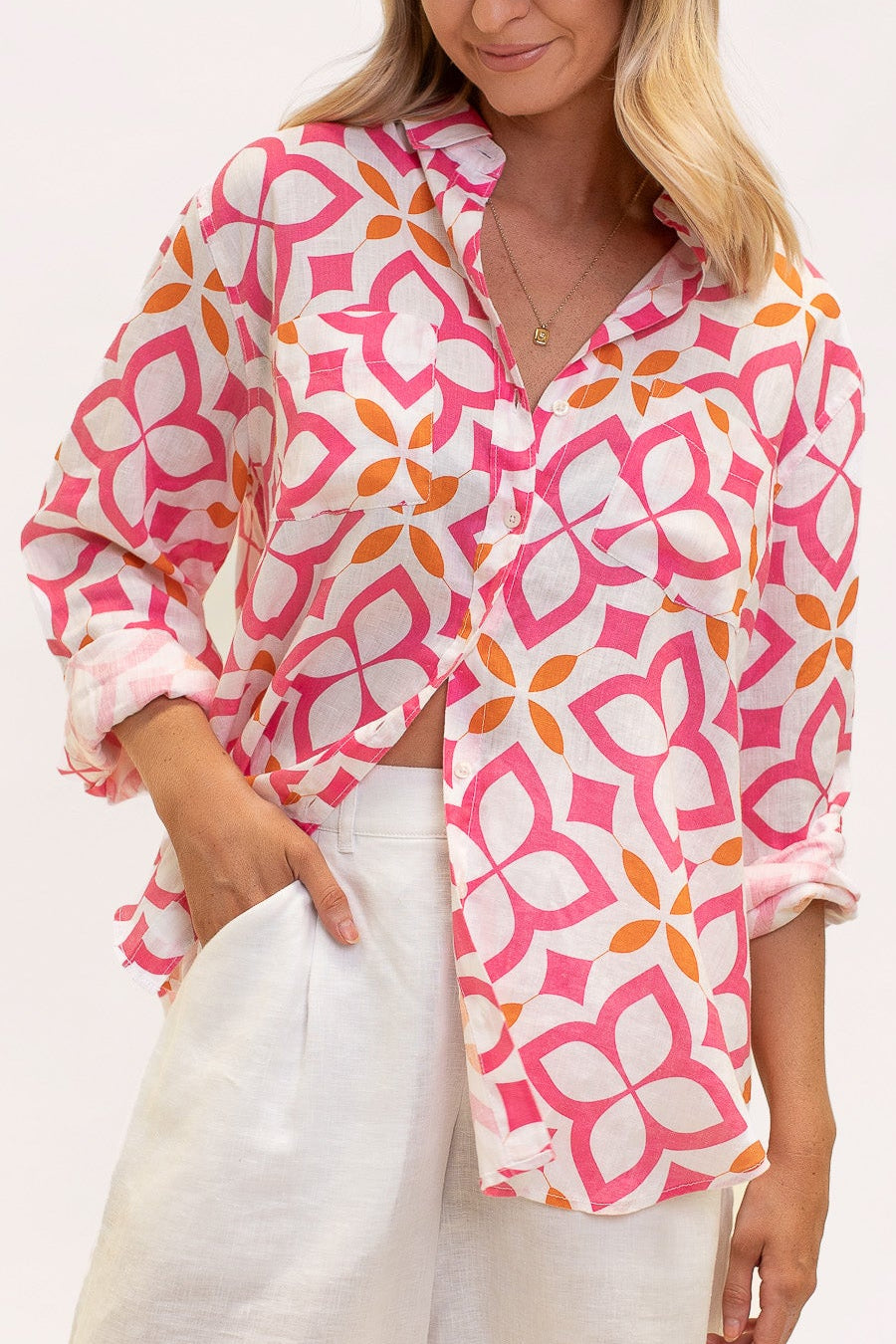 Moroccan Tile Boyfriend Linen Shirt