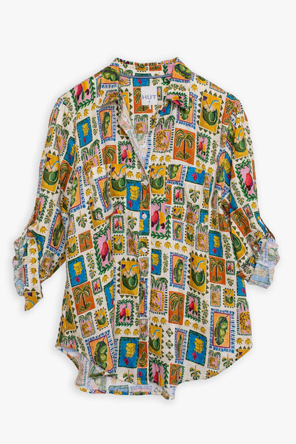 Postcard Print Boyfriend Linen Shirt