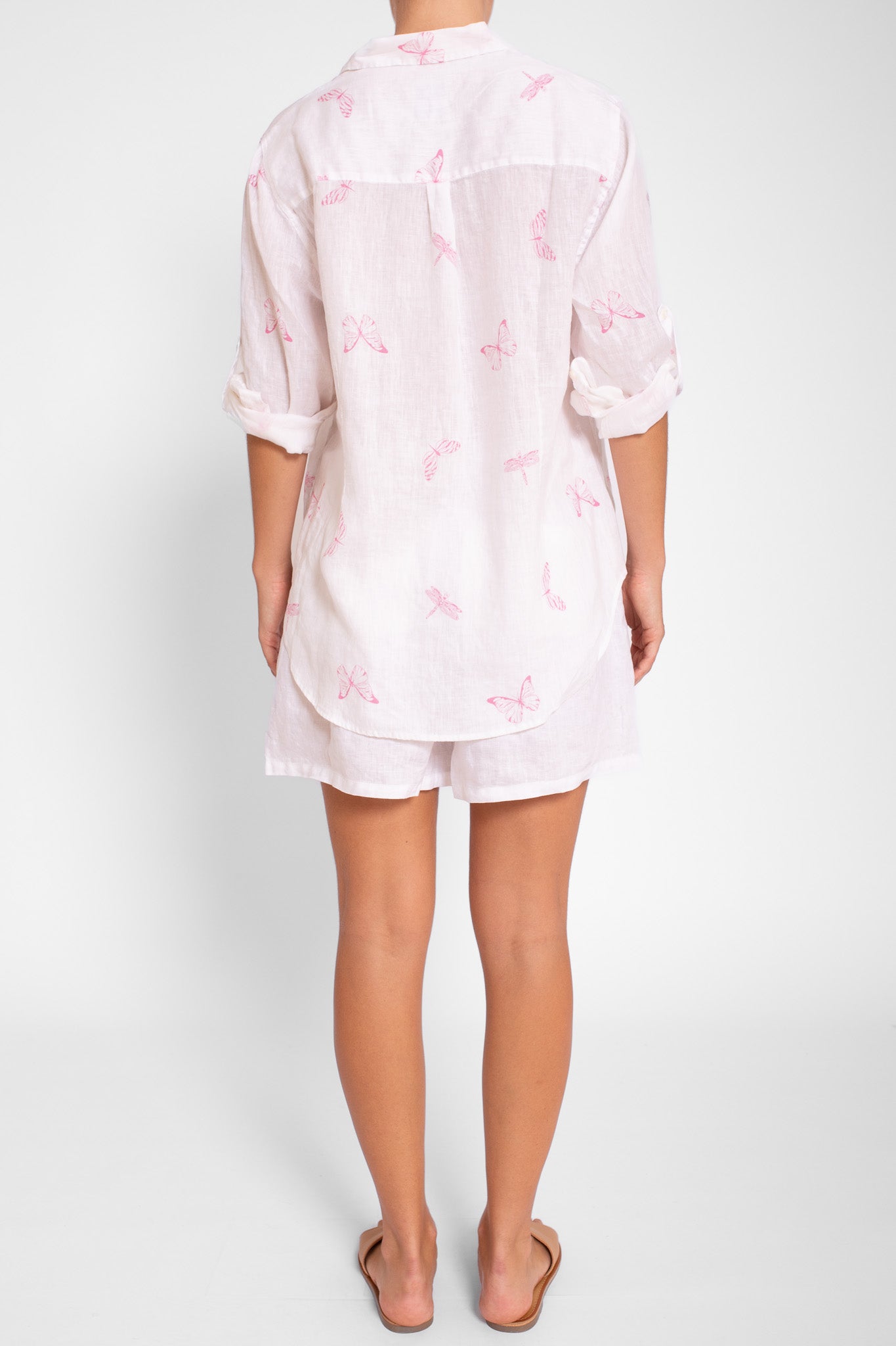 Pink Butterfly Print Boyfriend Linen Shirt