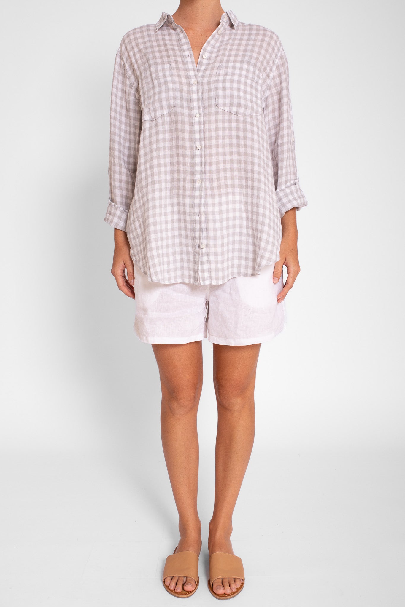 Silver Chambray Gingham Boyfriend Linen Shirt