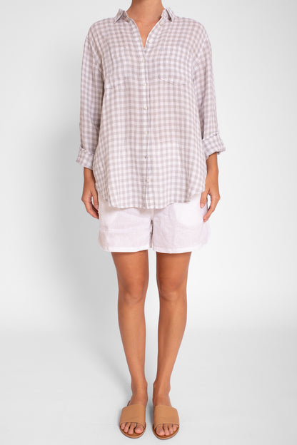 Silver Chambray Gingham Boyfriend Linen Shirt