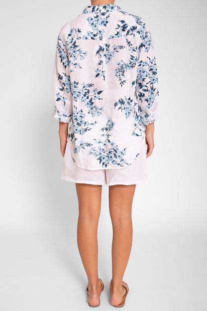 Blues Floral Print Boyfriend Linen Shirt