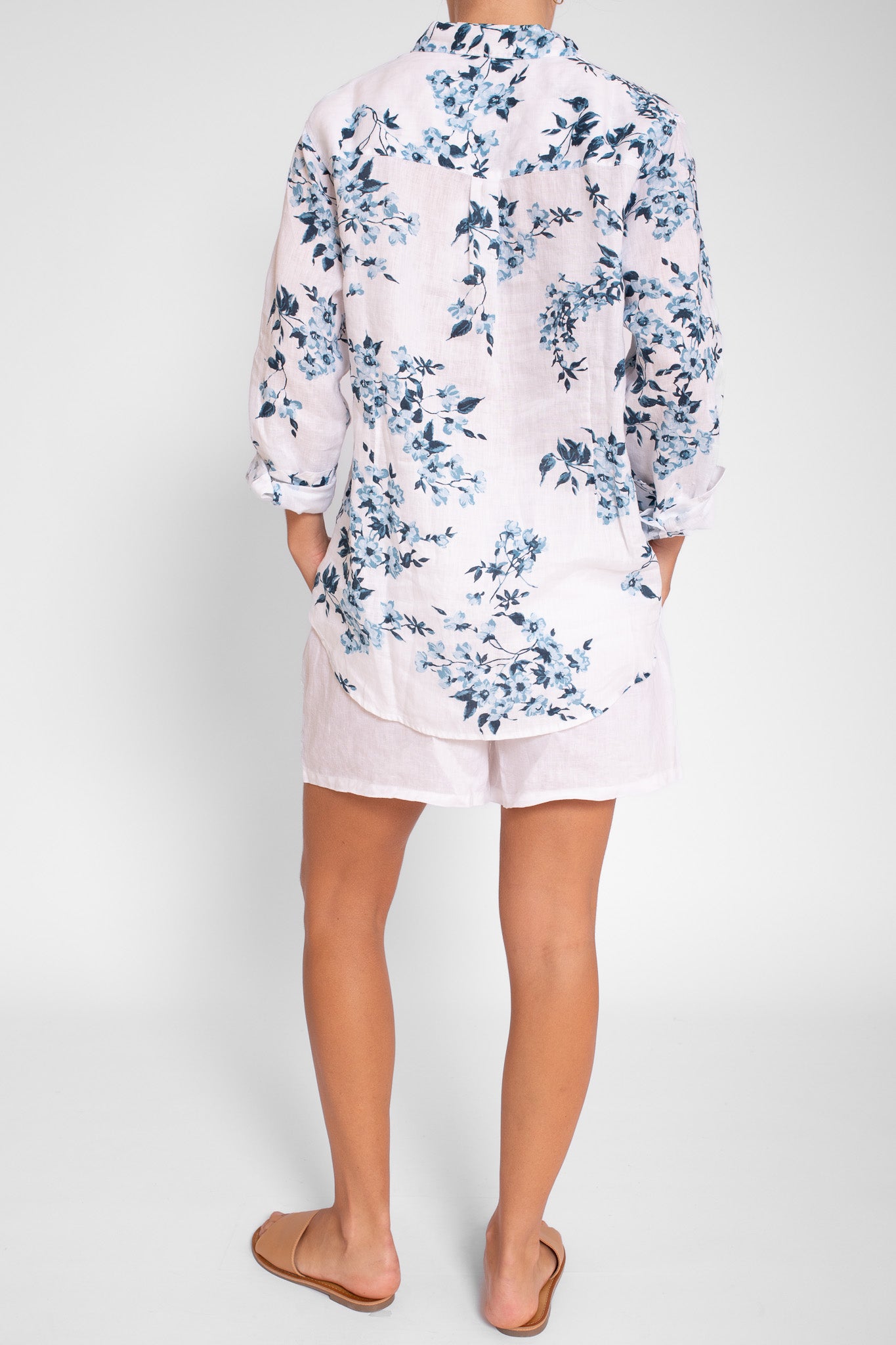 Blues Floral Print Boyfriend Linen Shirt