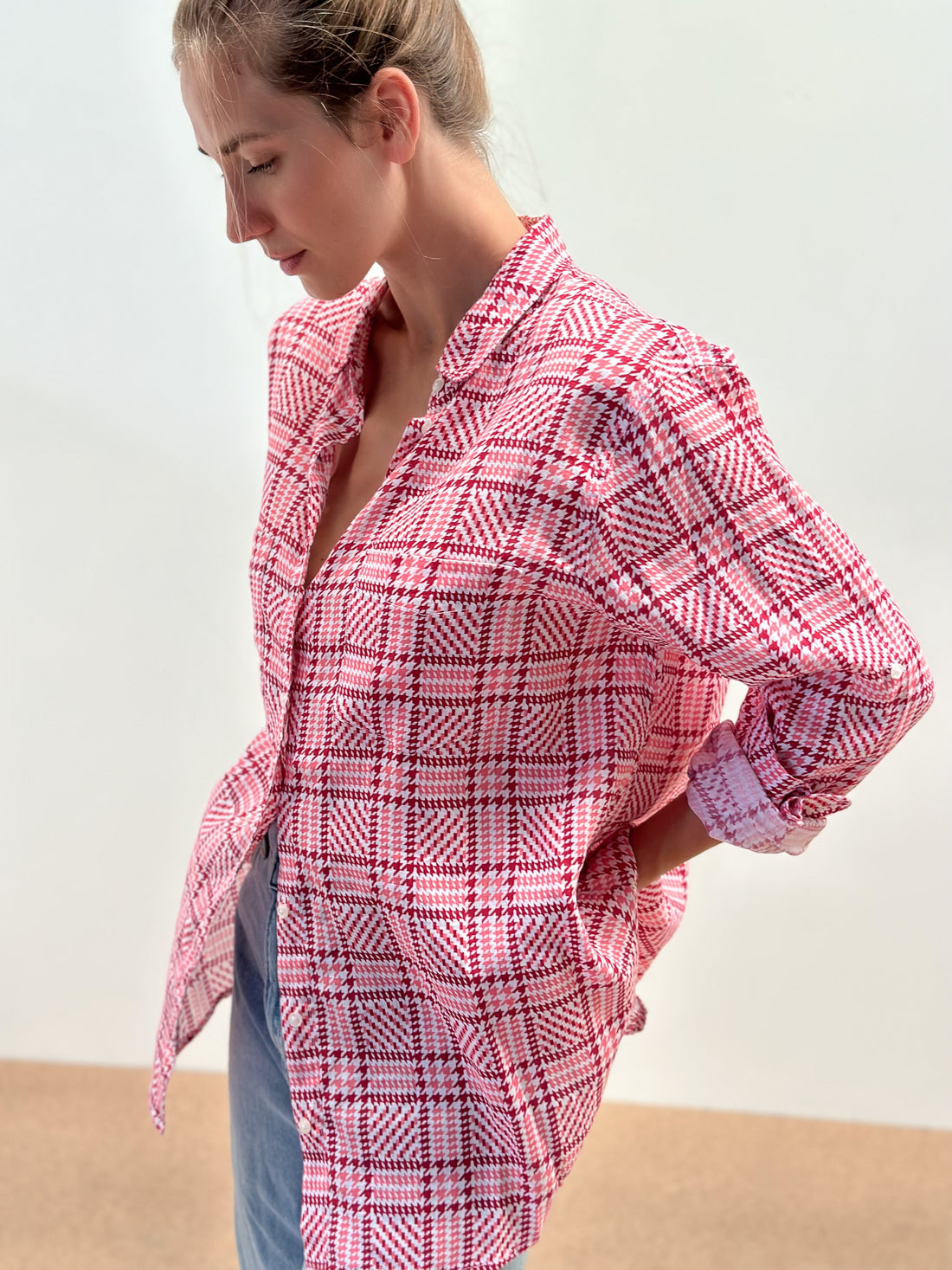 Pink Tweed Print Boyfriend Linen Shirt