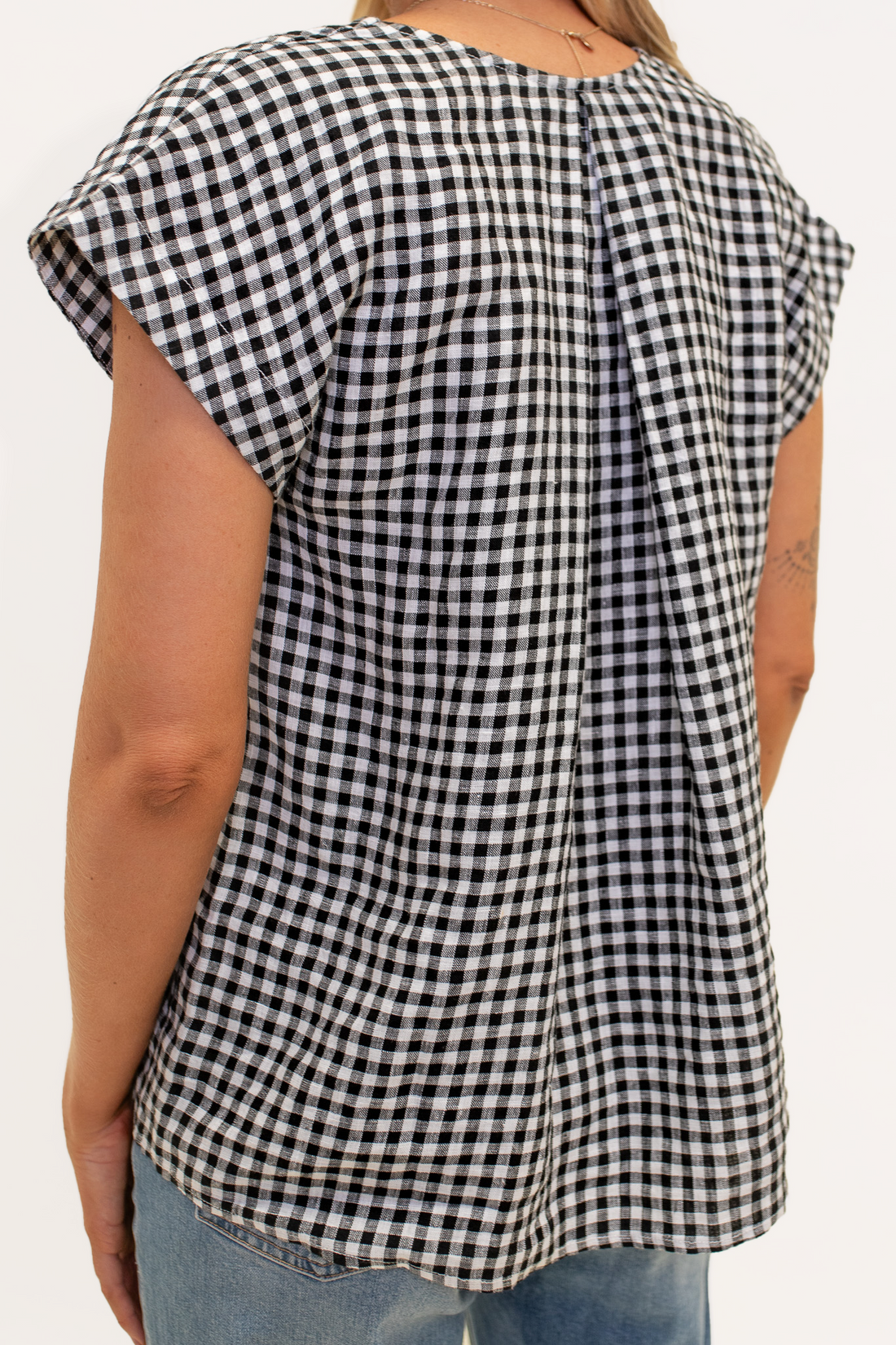V Neck Black and White Gingham Linen Top