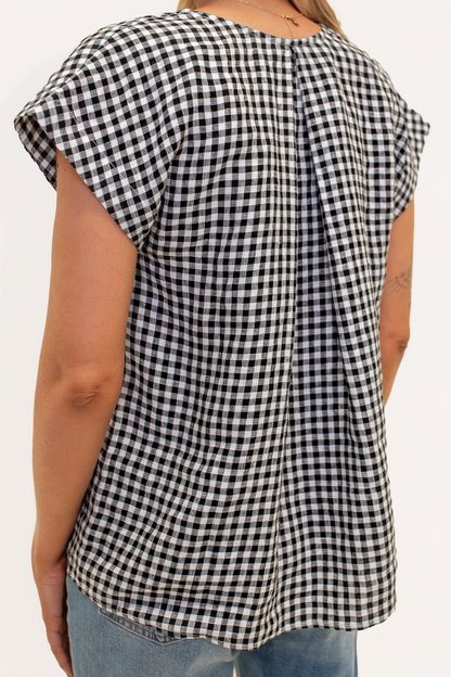 V Neck Black and White Gingham Linen Top