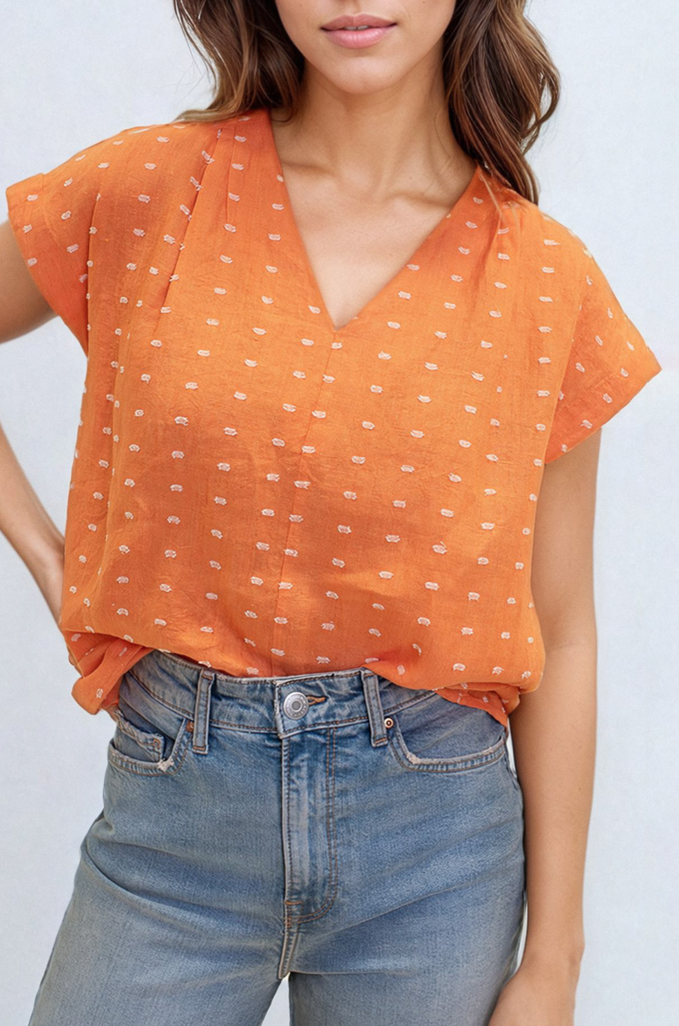 V Neck Orange Dobby Linen Top