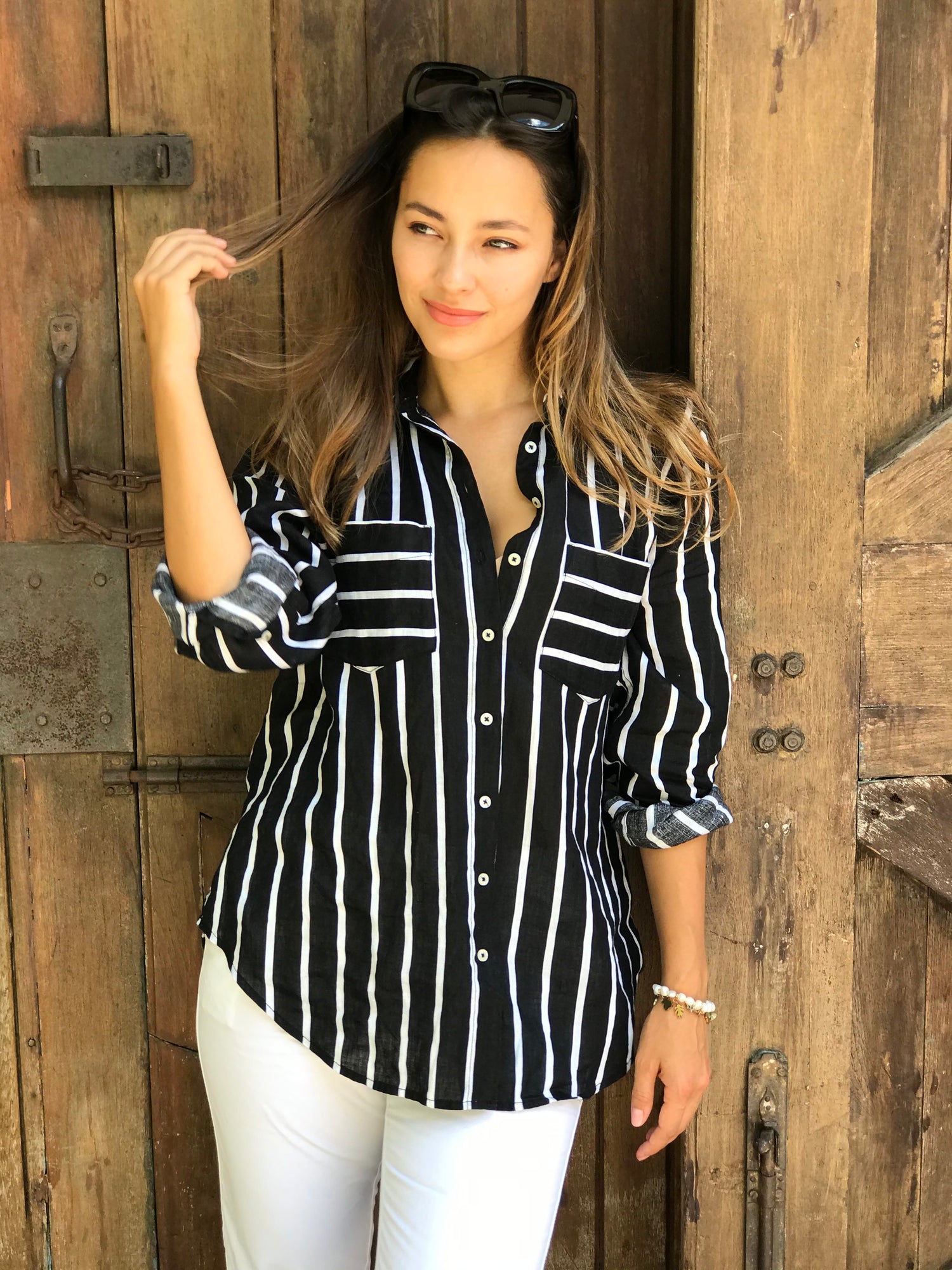 Black &amp; White Striped Boyfriend Linen Shirt