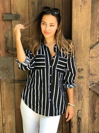 Black &amp; White Striped Boyfriend Linen Shirt
