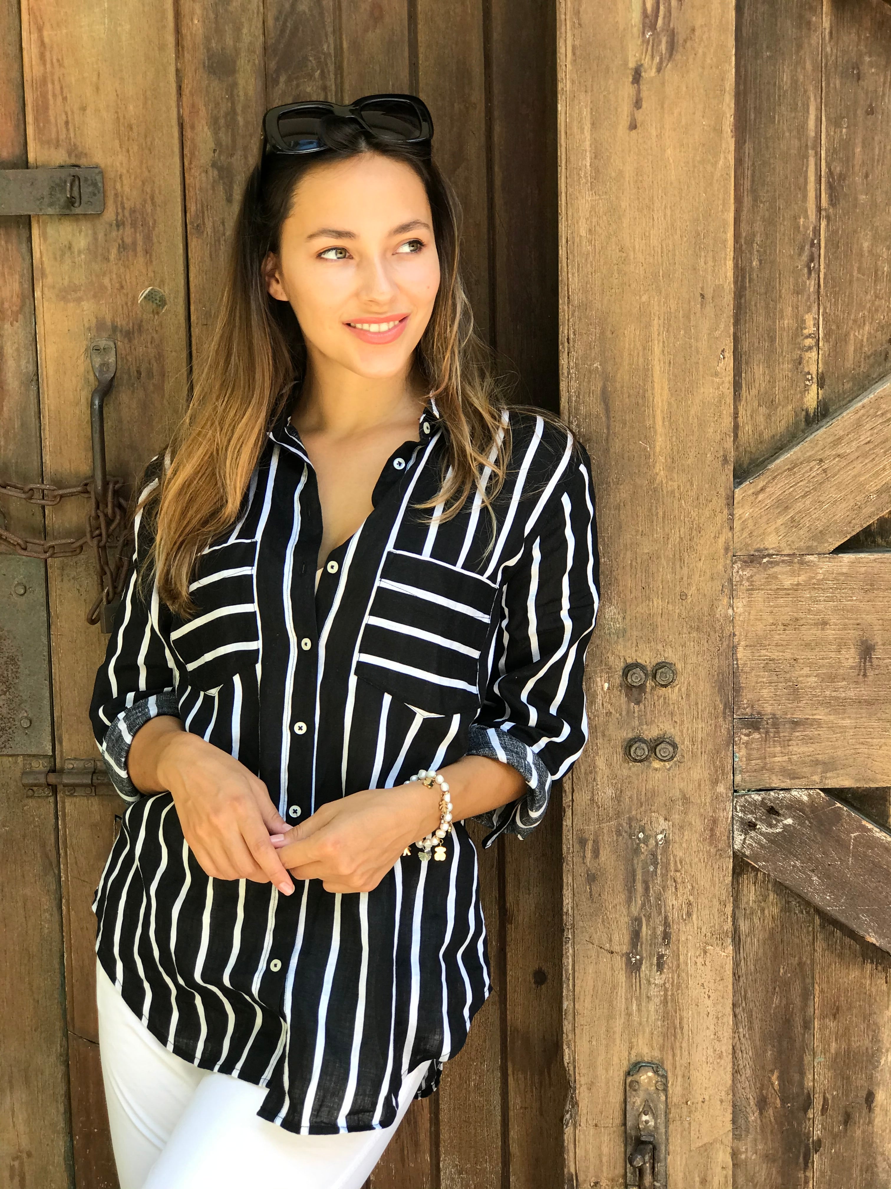 Black &amp; White Striped Boyfriend Linen Shirt