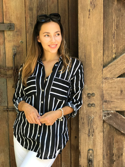 Black &amp; White Striped Boyfriend Linen Shirt