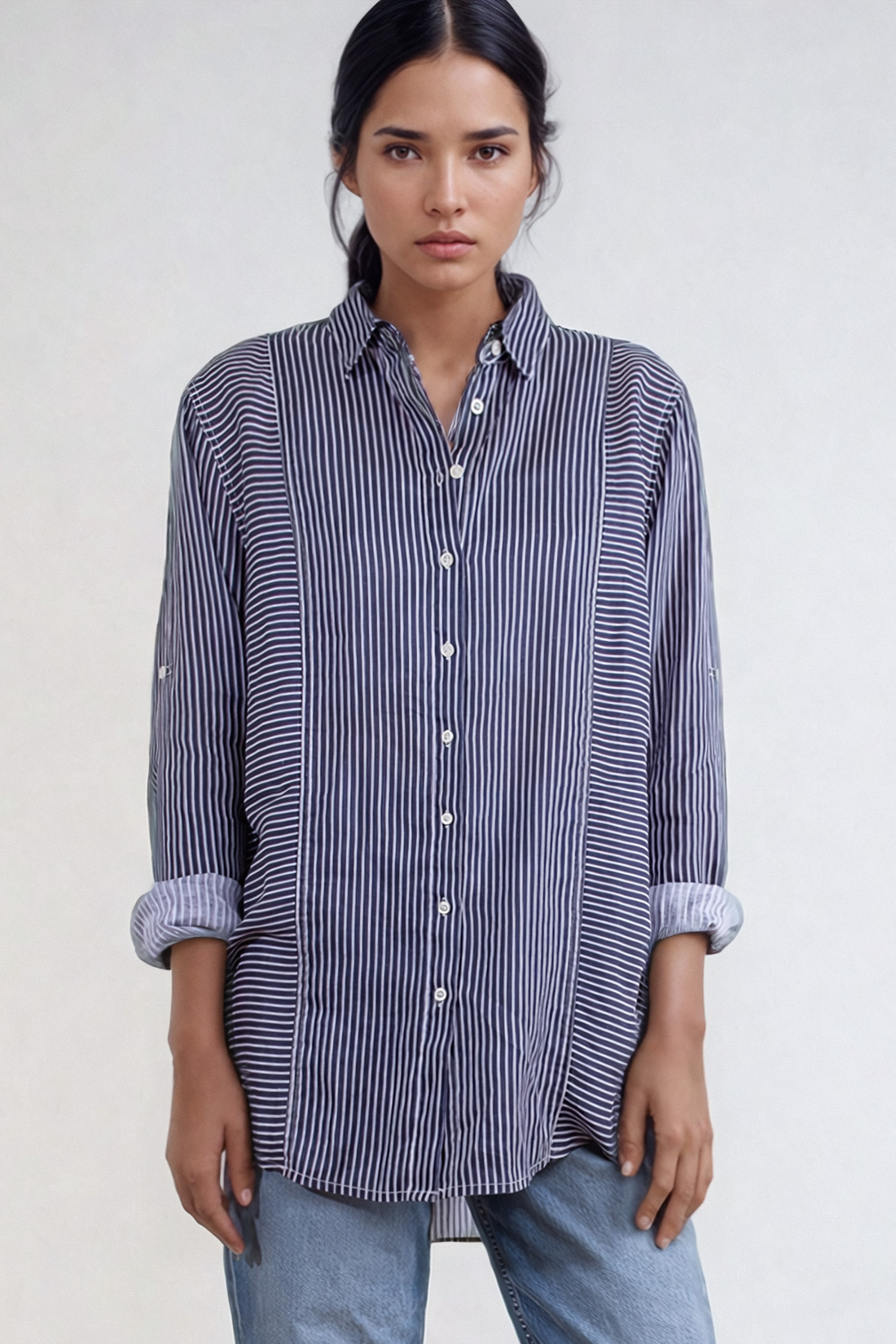 Navy Mixed Stripe Boyfriend Linen Shirt