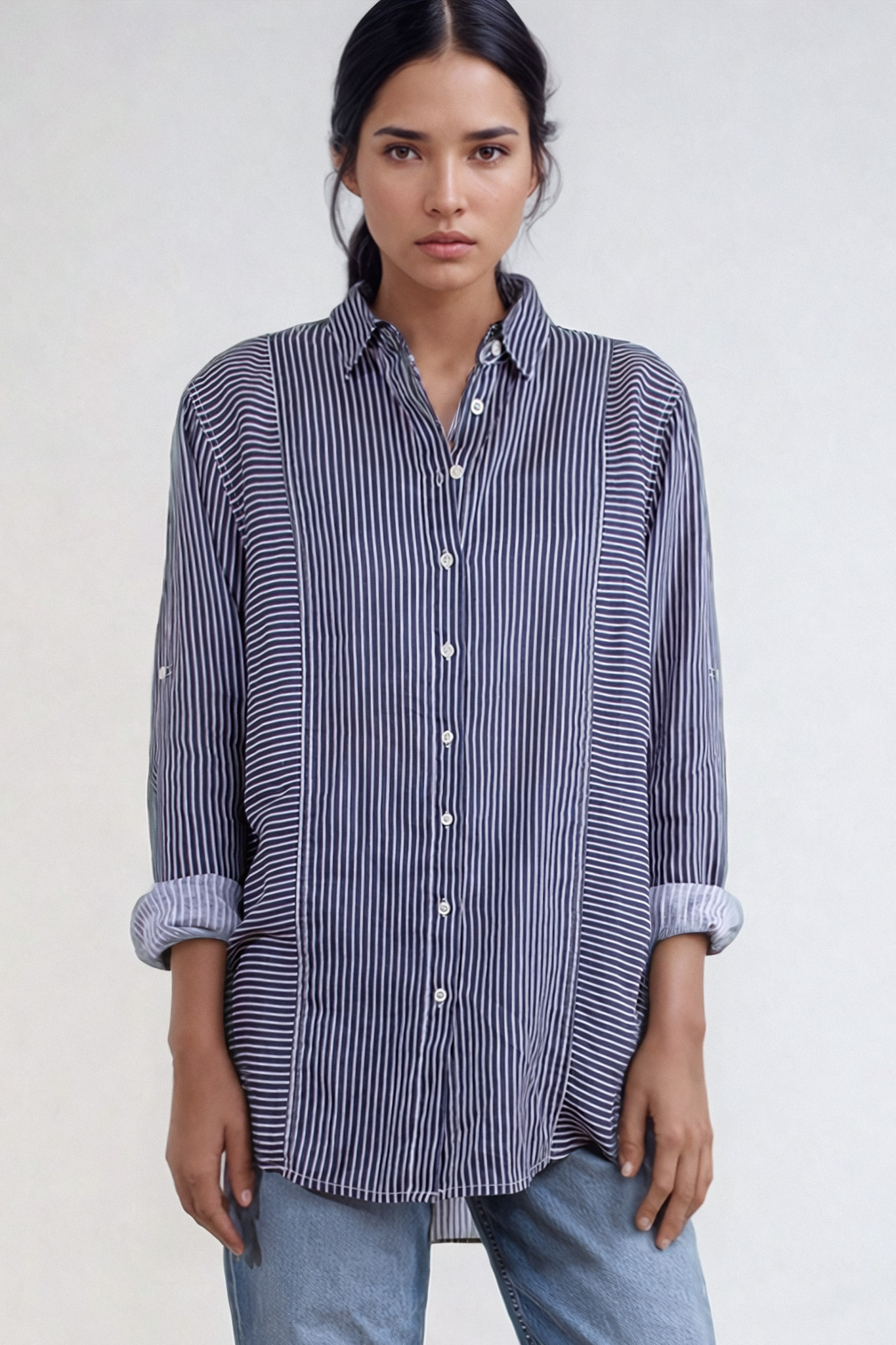 Navy Mixed Stripe Boyfriend Linen Shirt